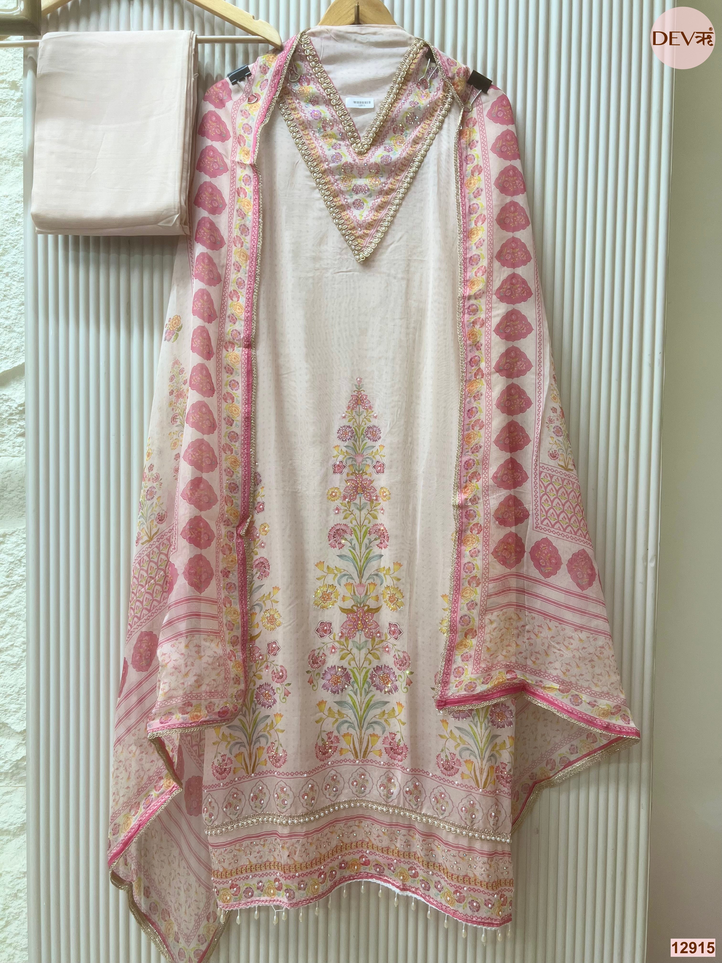 Pink Organza Printed Unstitched 3-Piece Suit (Devri – D.No 12915)