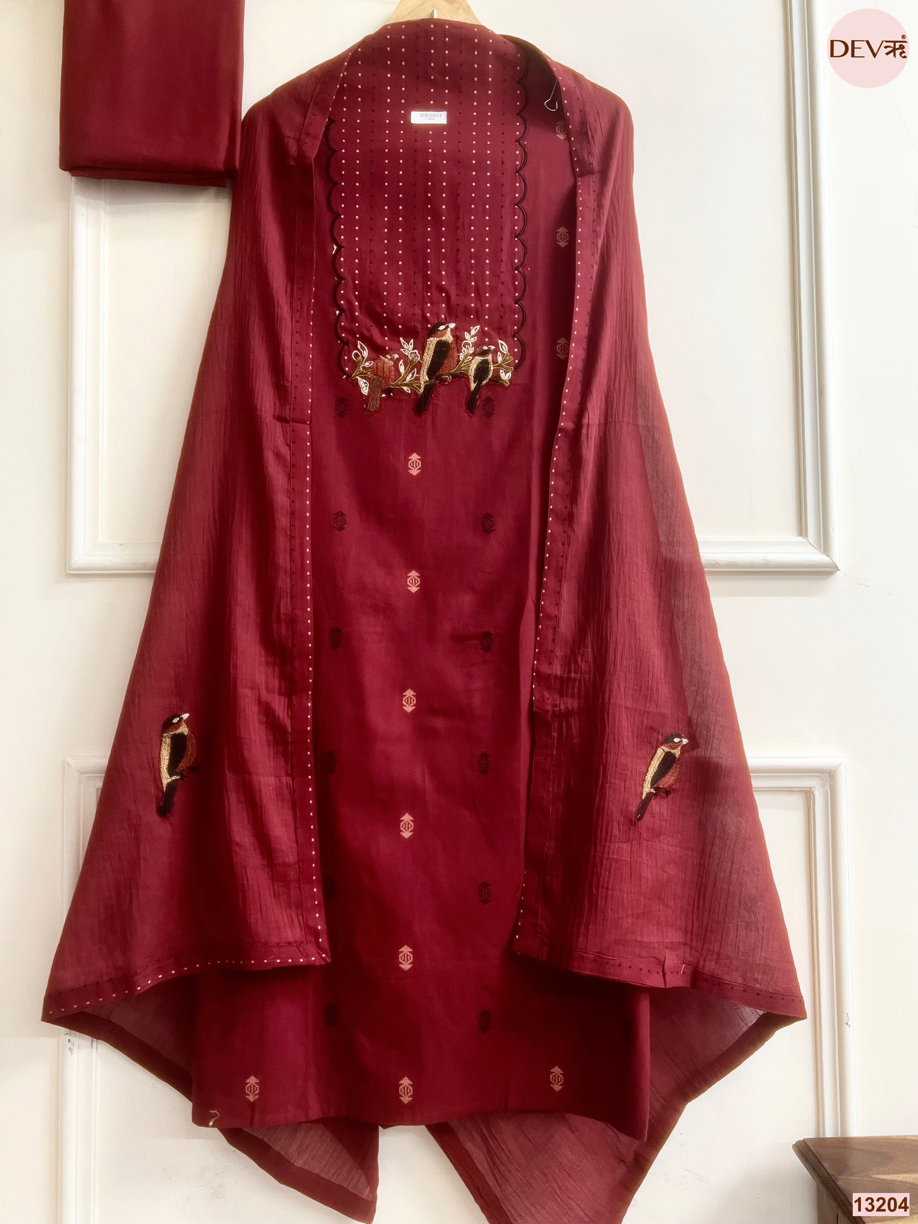 Maroon Embroidered Unstitched 3-Piece Suit (Devri – D.No 13204)