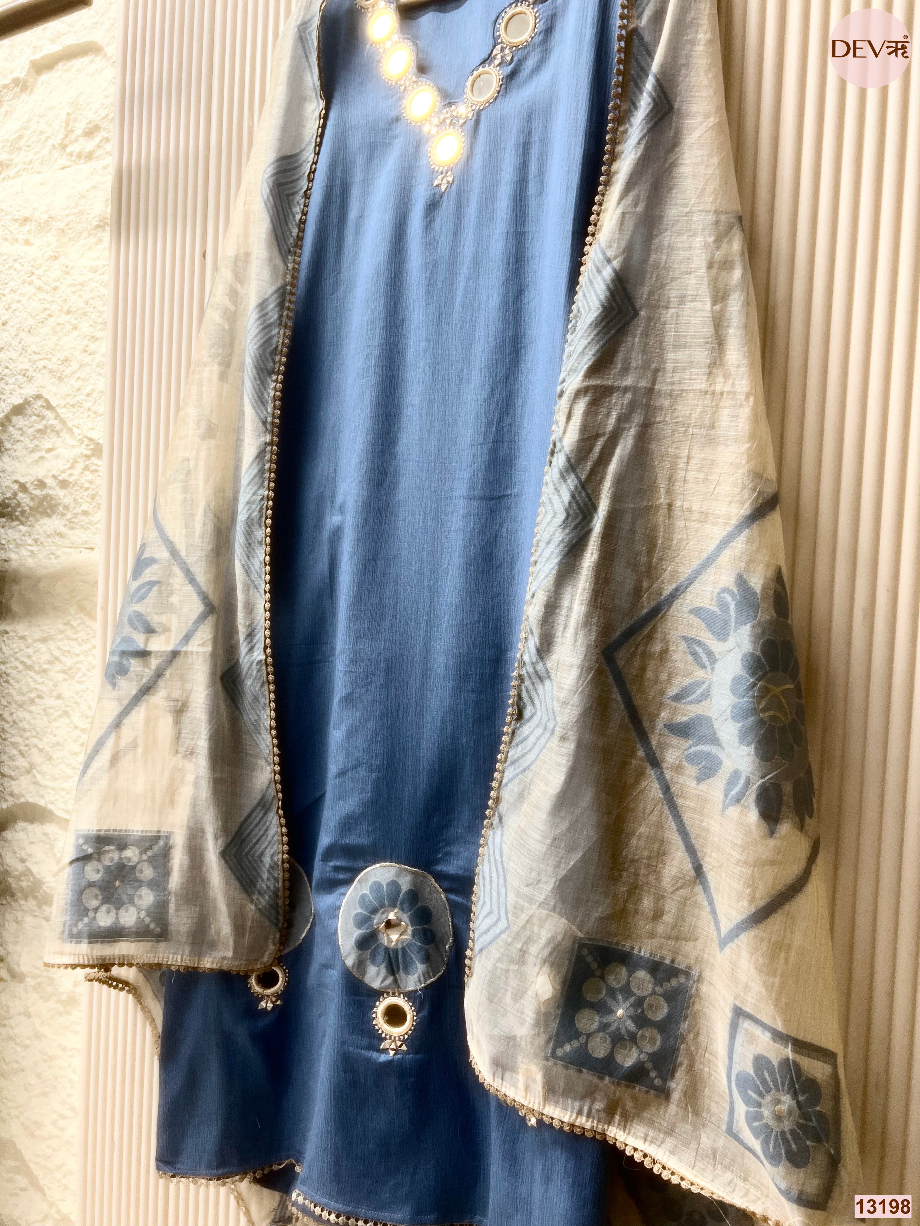 Blue Jamdani Cotton Hand Unstitched 3-Piece Suit (Devri – D.No 13198)