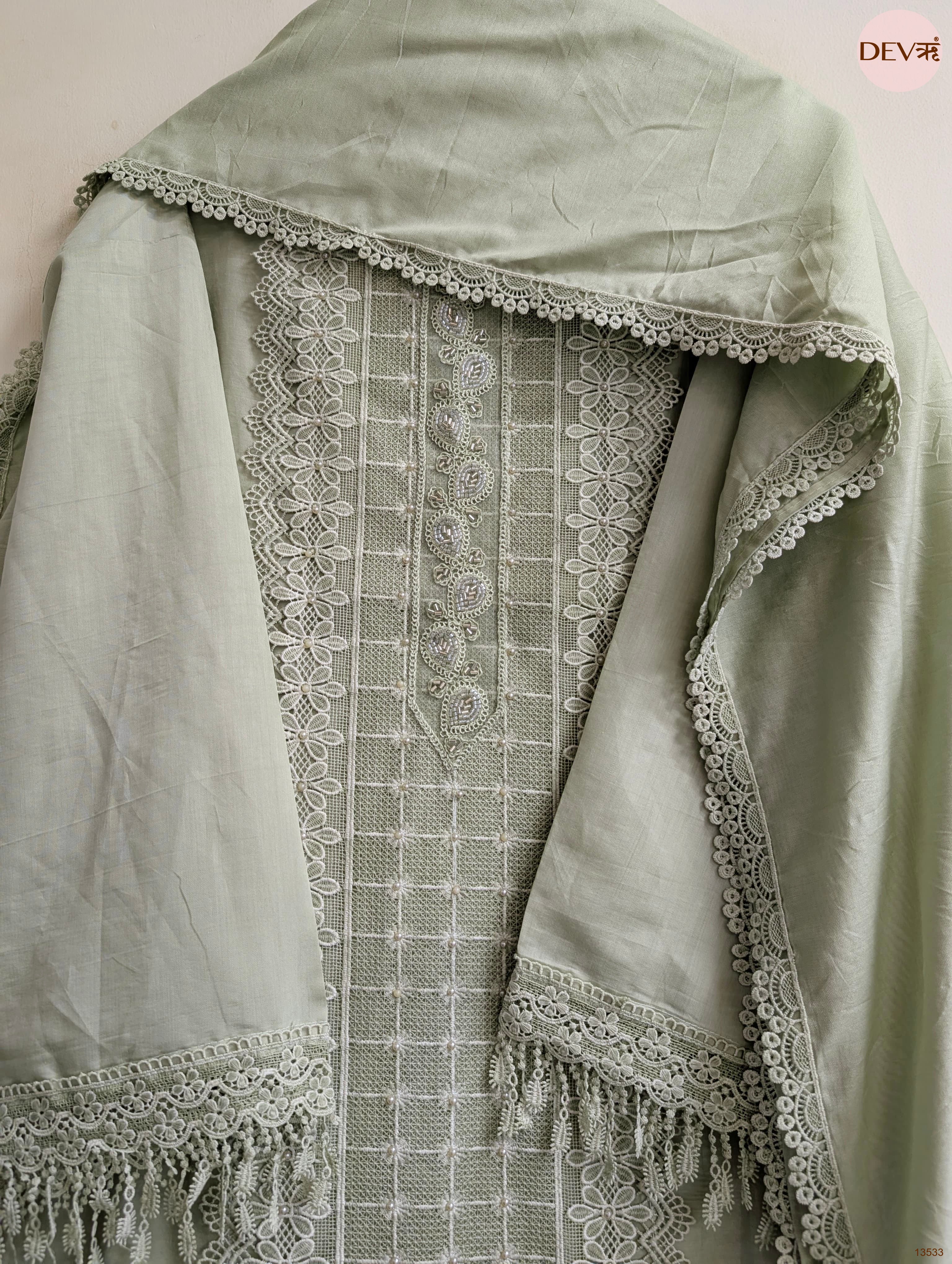 Sage Modal Silk Embroidered Unstitched 3-Piece Suit (Devri – D.No 13533)