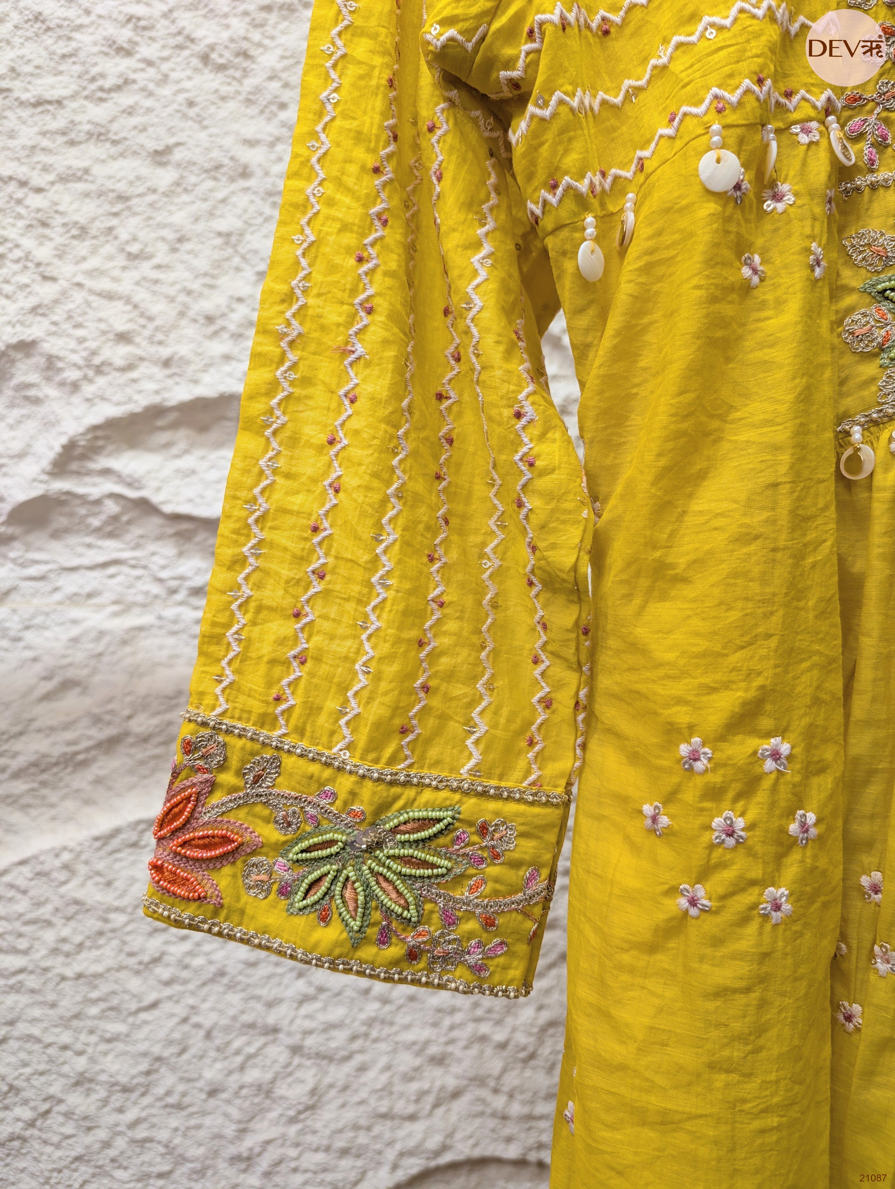 Gulnaar Mul Chanderi Embroidered Yellow 3-Piece Set (Devri – D.No 21087)