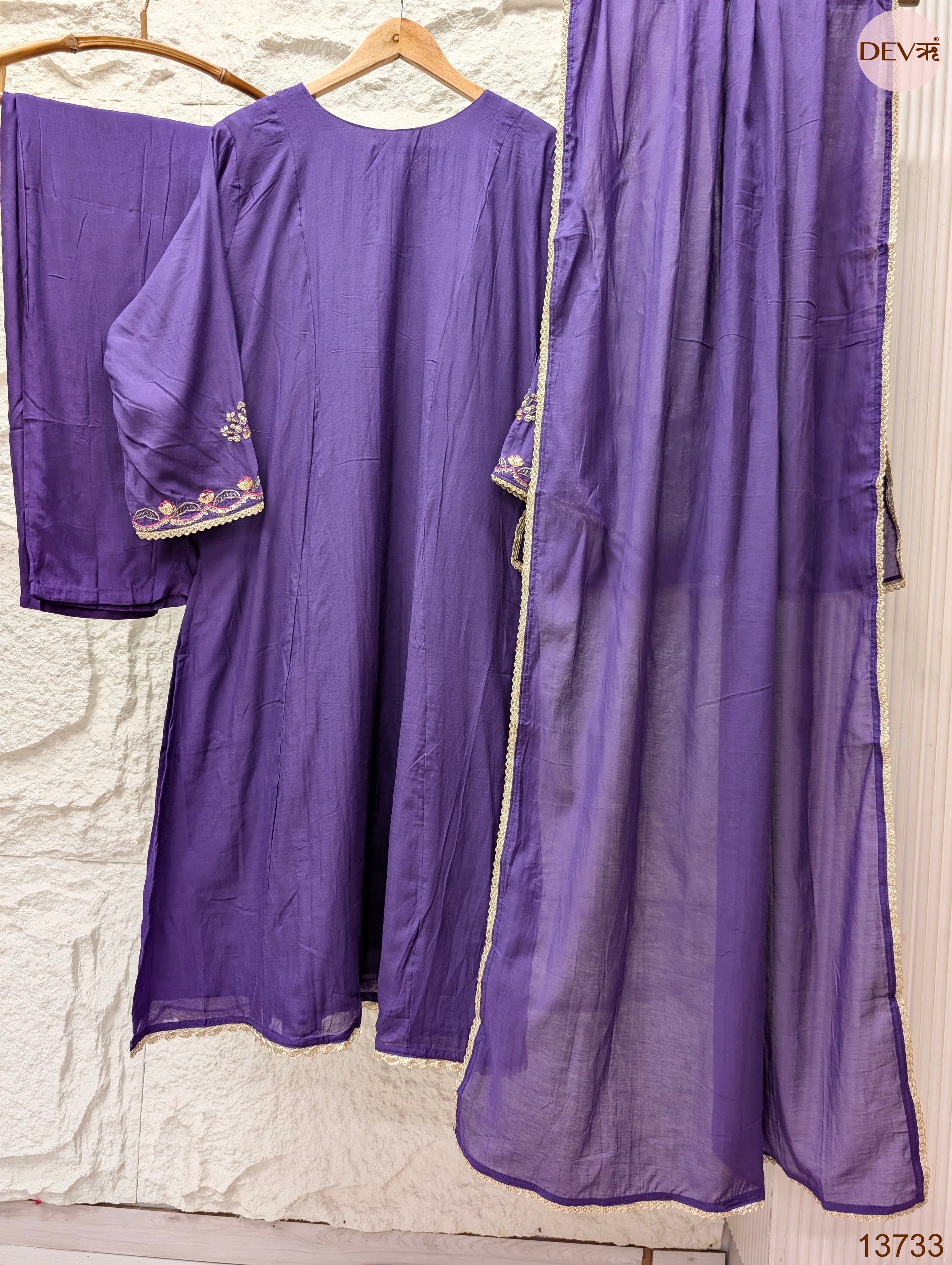 Zarmina Mul Chanderi Embroidered Purple 3-Piece Set (Devri – D.No 13733)