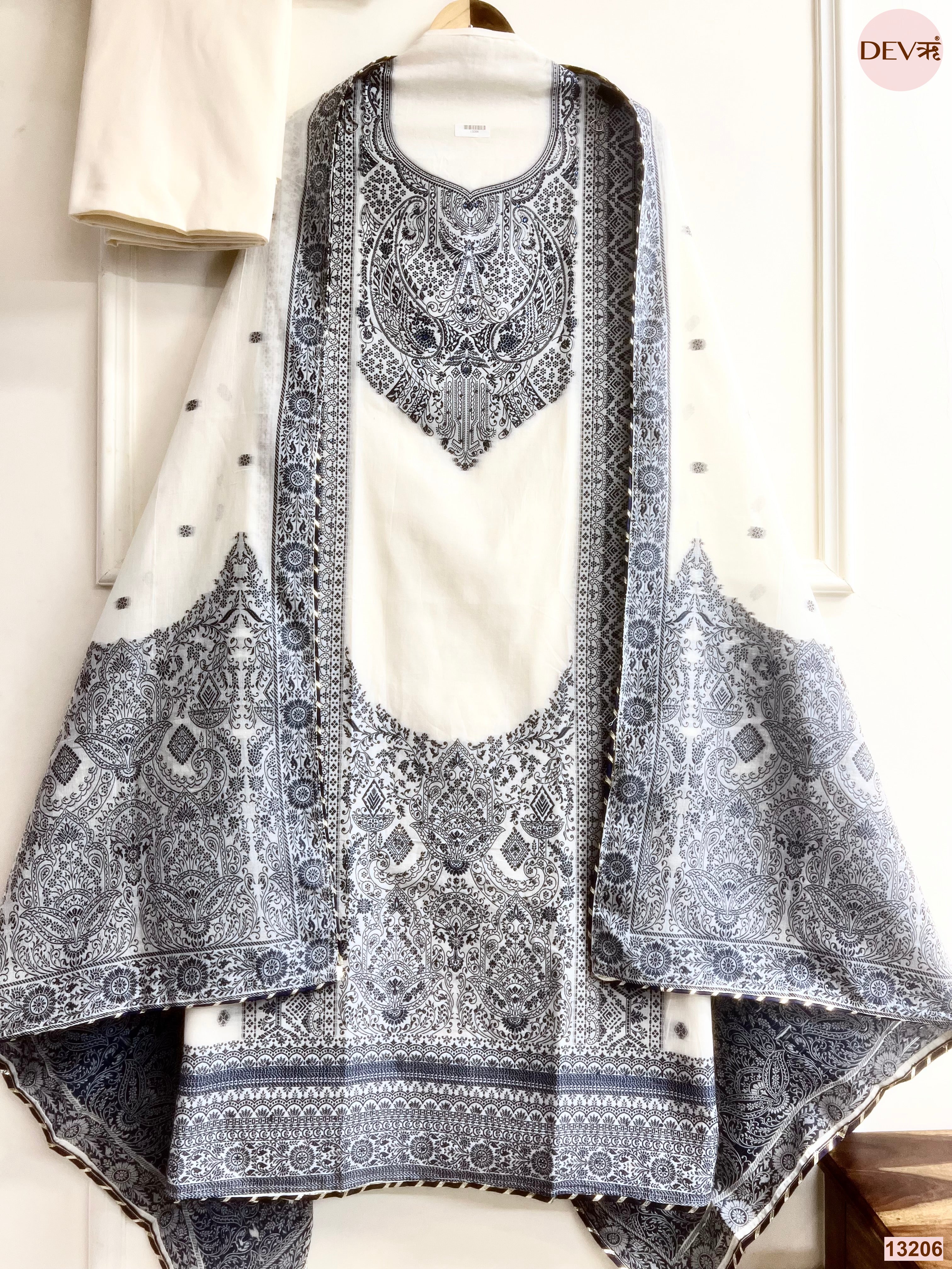 White Jamdani Cotton Printed Unstitched 3-Piece Suit (Devri – D.No 13206)