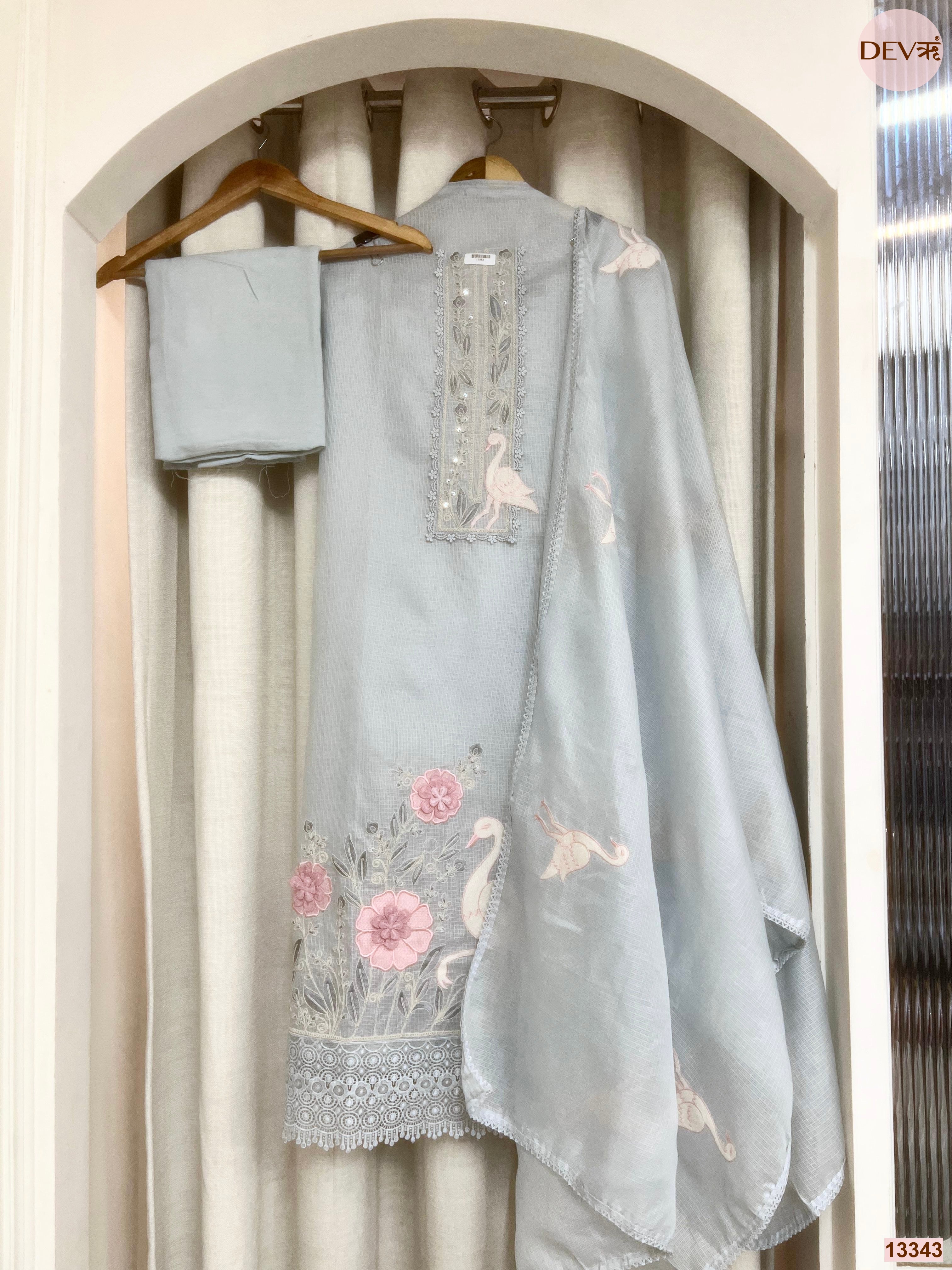 Grey Kota Embroidered Unstitched 3-Piece Suit (Devri – D.No 13343)