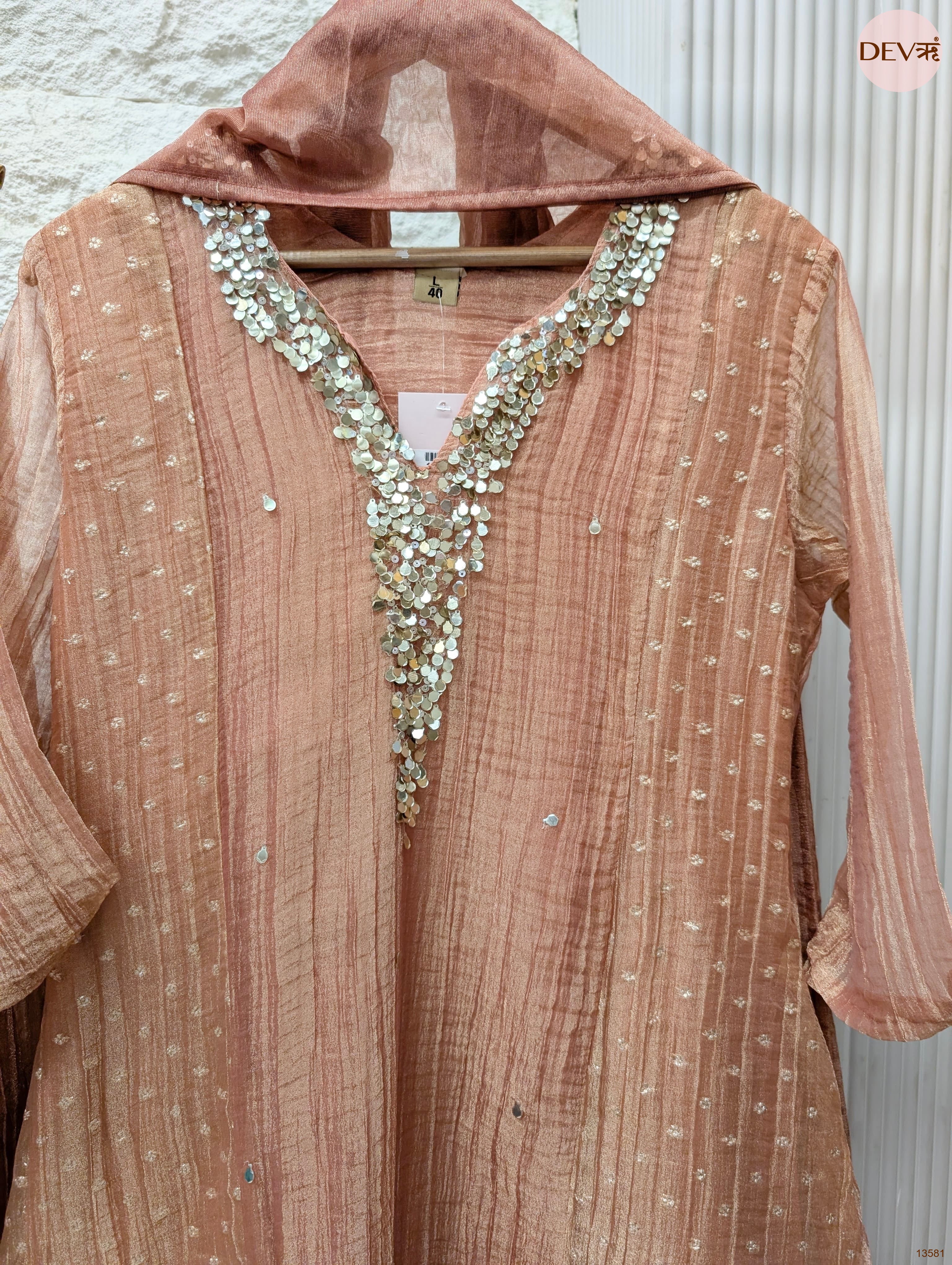 Gulnaar Tissue crush silk Embroidered Peach 3-Piece Set (Devri – D.No 13581)
