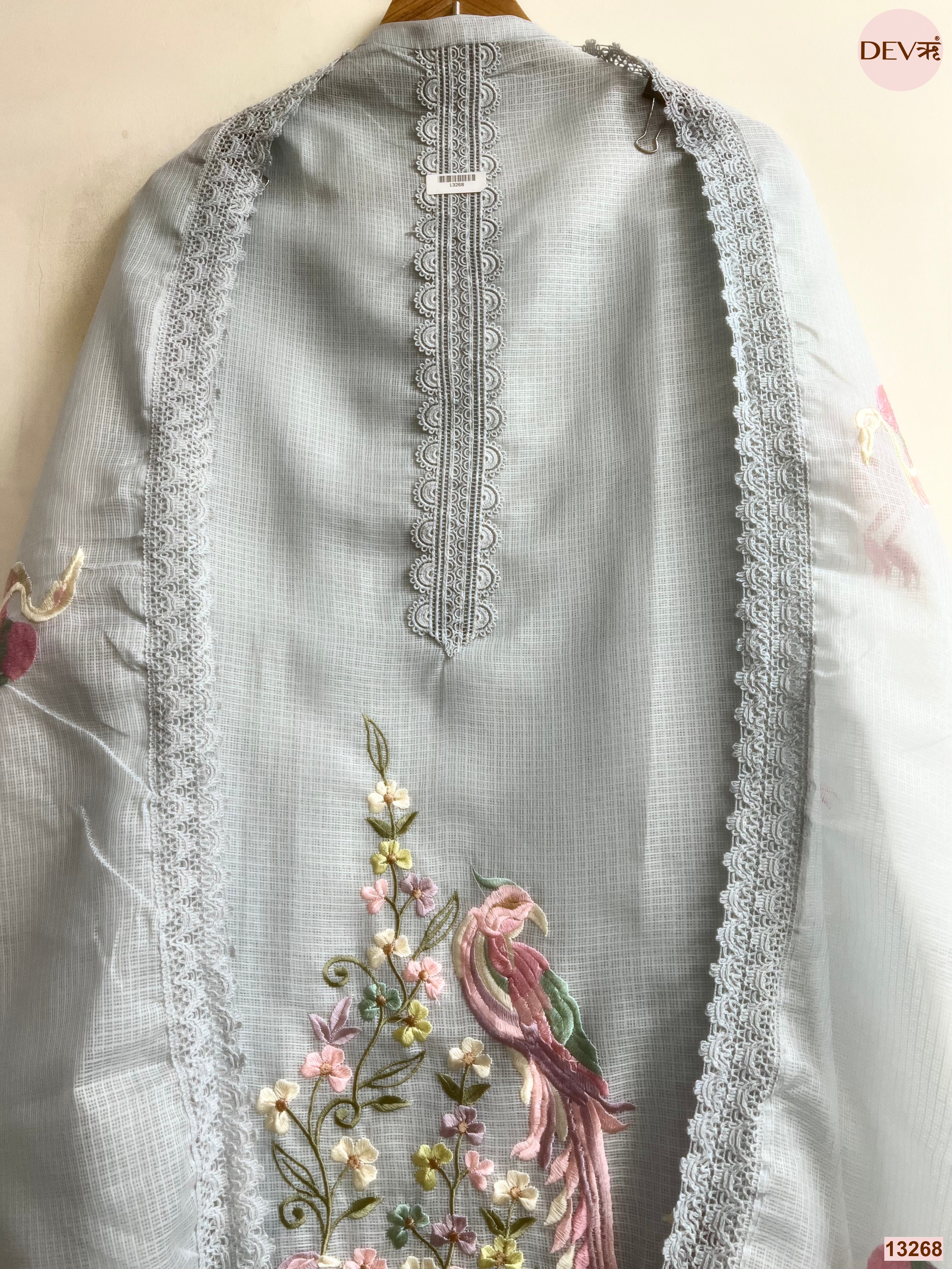 Grey Kota Cotton Embroidered Unstitched 3-Piece Suit (Devri – D.No 13268)