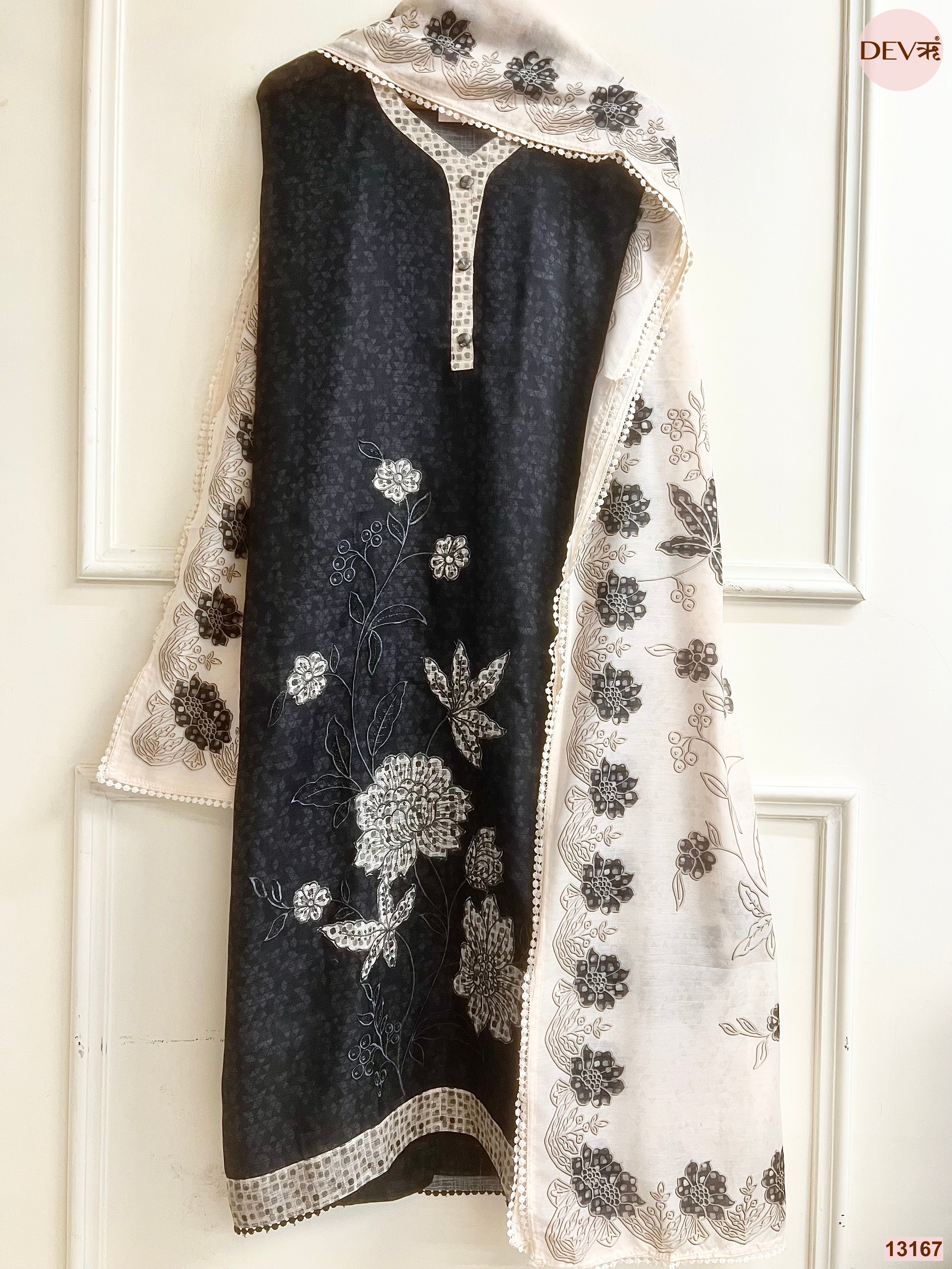 Black Linen Cotton Printed Unstitched 3-Piece Suit (Devri – D.No 13167)