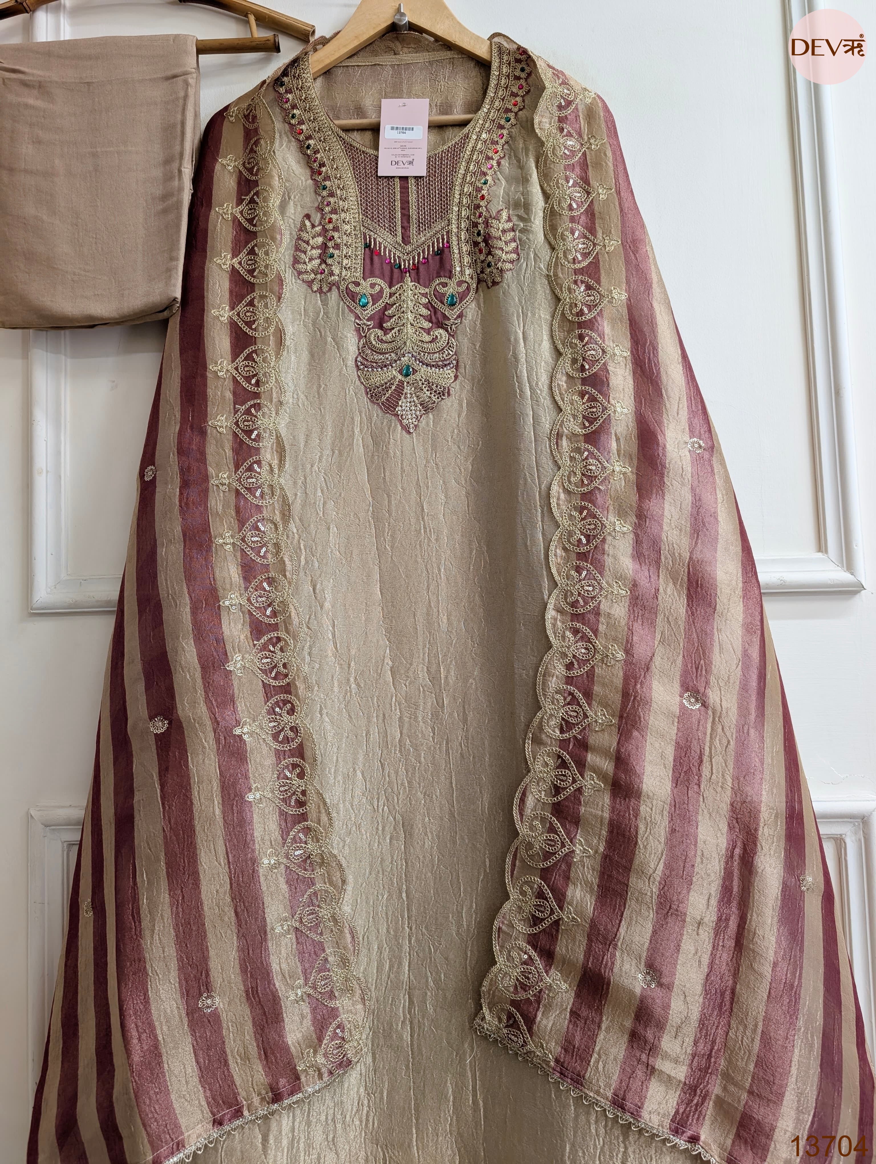 Beige Pure Tissue Silk Embroidered Unstitched 3-Piece Suit (Devri – D.No 13704)