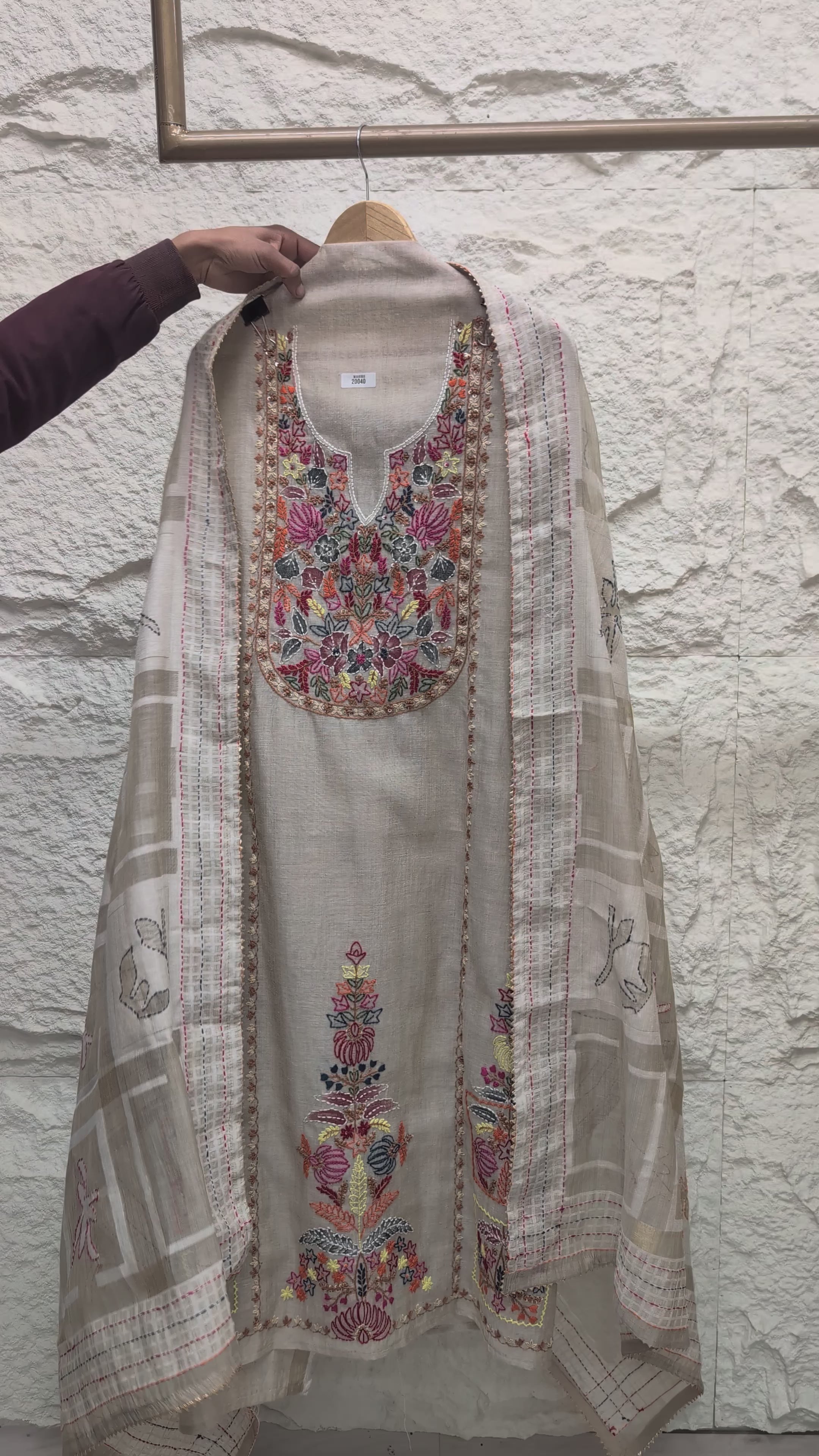 Beige Mul Chanderi Embroidered Unstitched 3-Piece Suit (Devri – D.No.