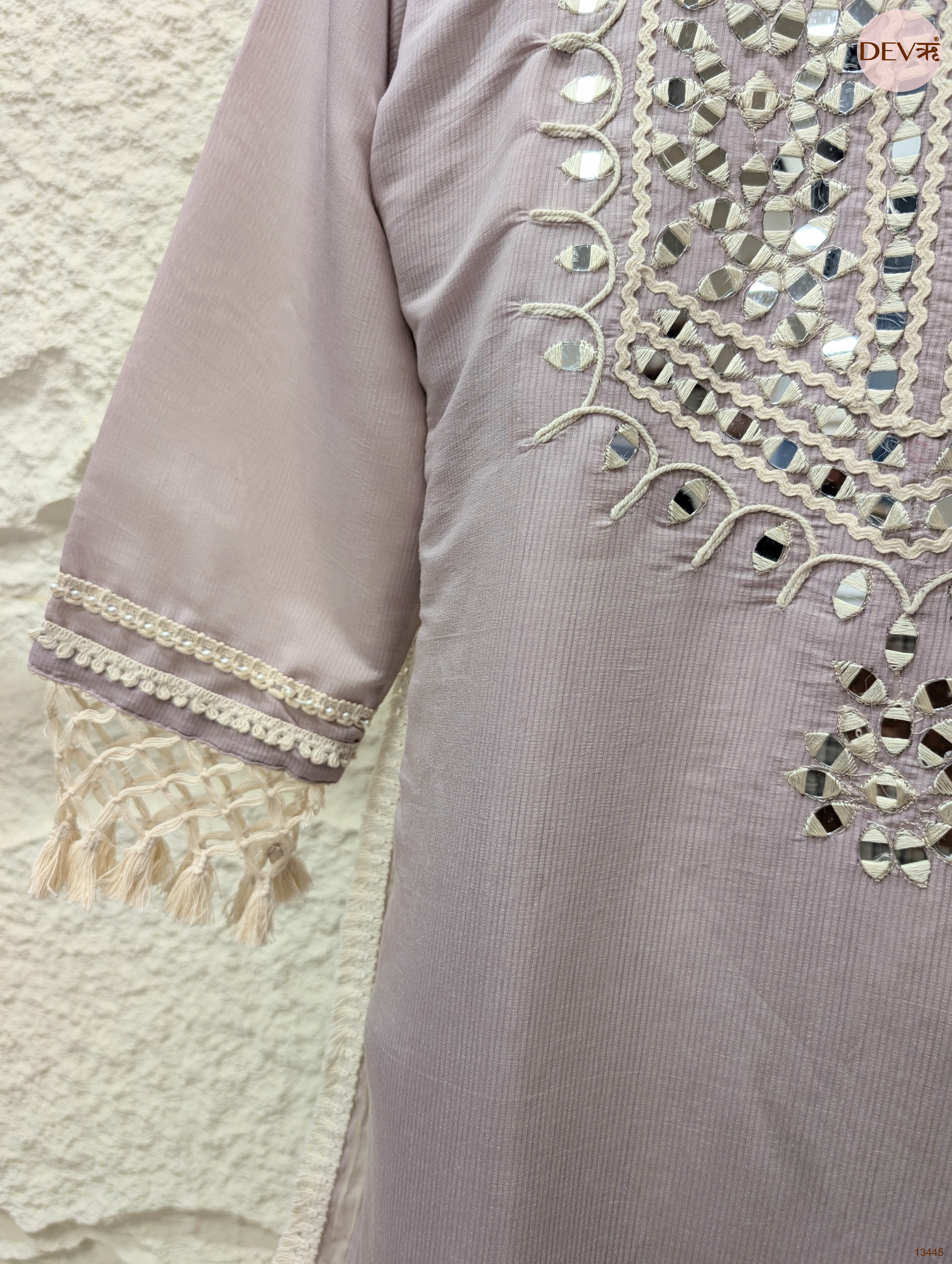 Gulnaar Mul Chanderi Embroidered Lilac 3-Piece Set (Devri – D.No 13445)