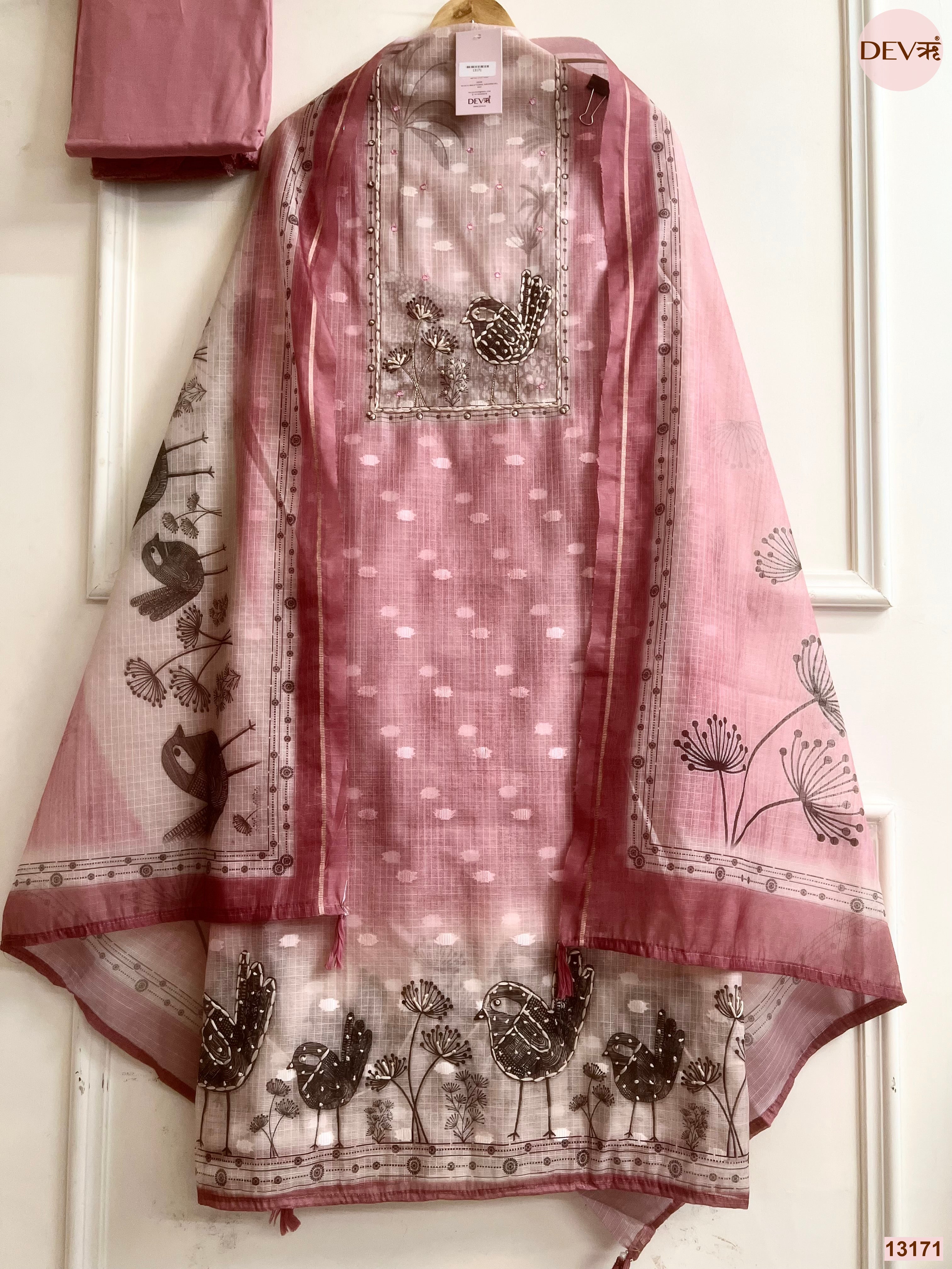 Pink Kota Printed Unstitched 3-Piece Suit (Devri – D.No 13171)