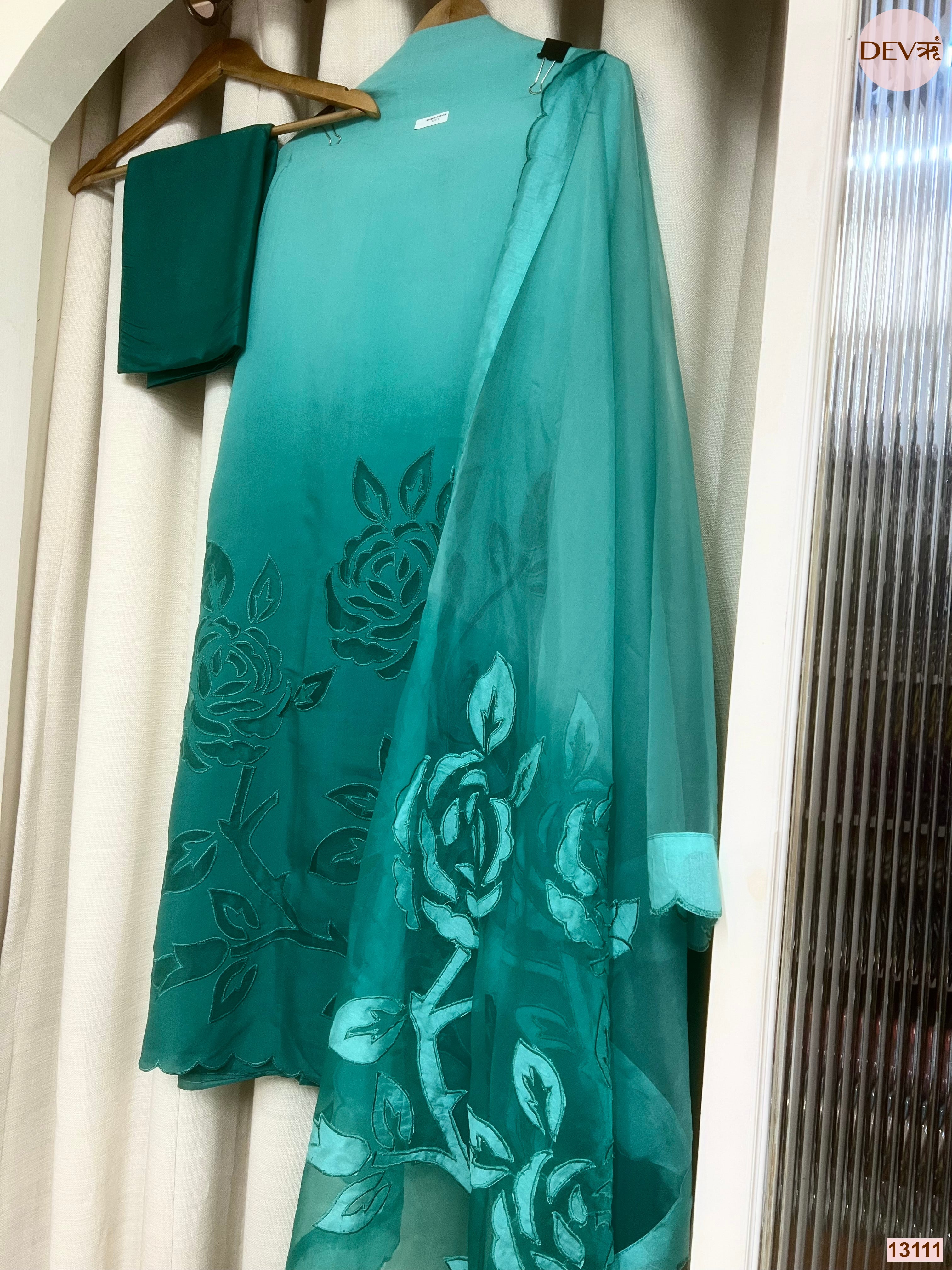 Turquoise Mul Chanderi Embroidered Unstitched 3-Piece Suit (Devri – D.No 13111)