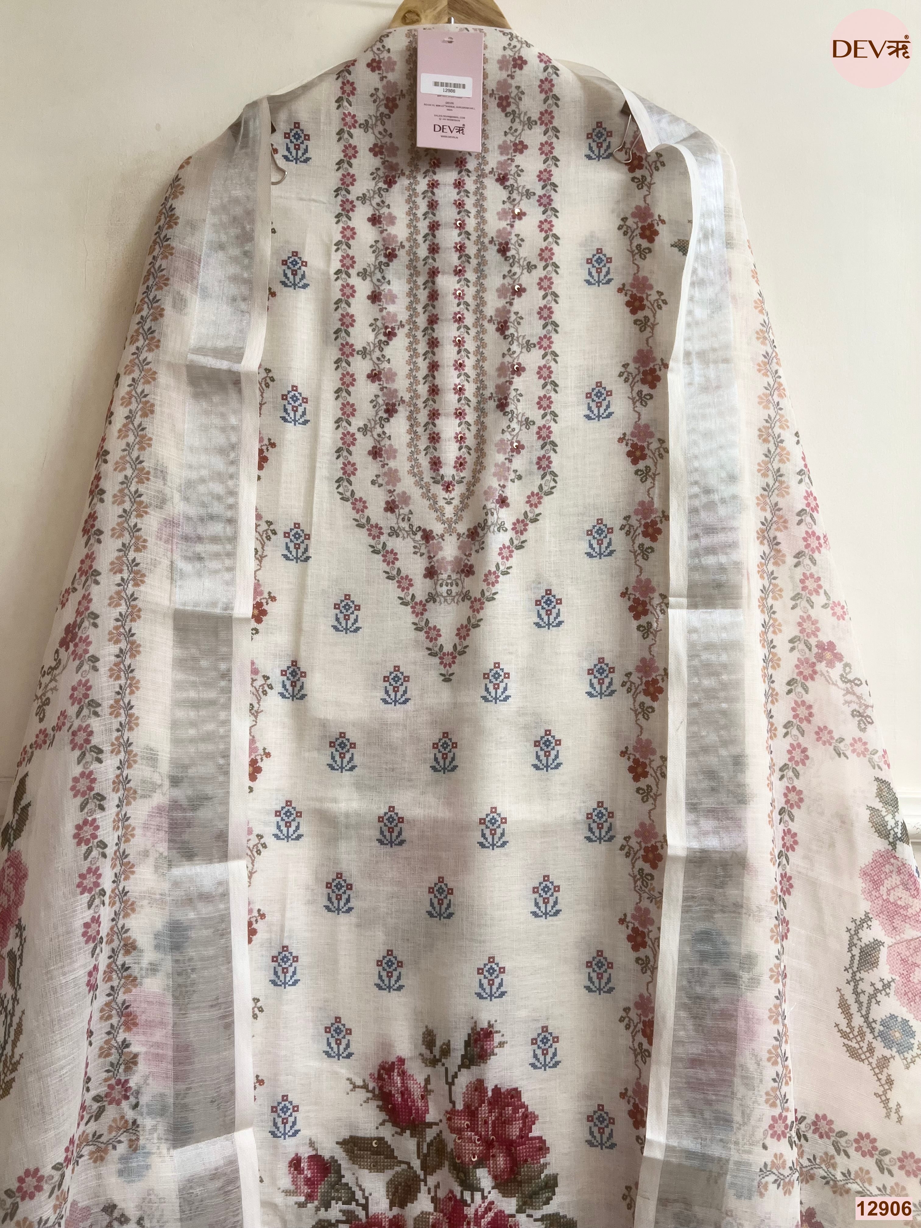 Cream Linen Printed Unstitched 3-Piece Suit (Devri – D.No 12906)