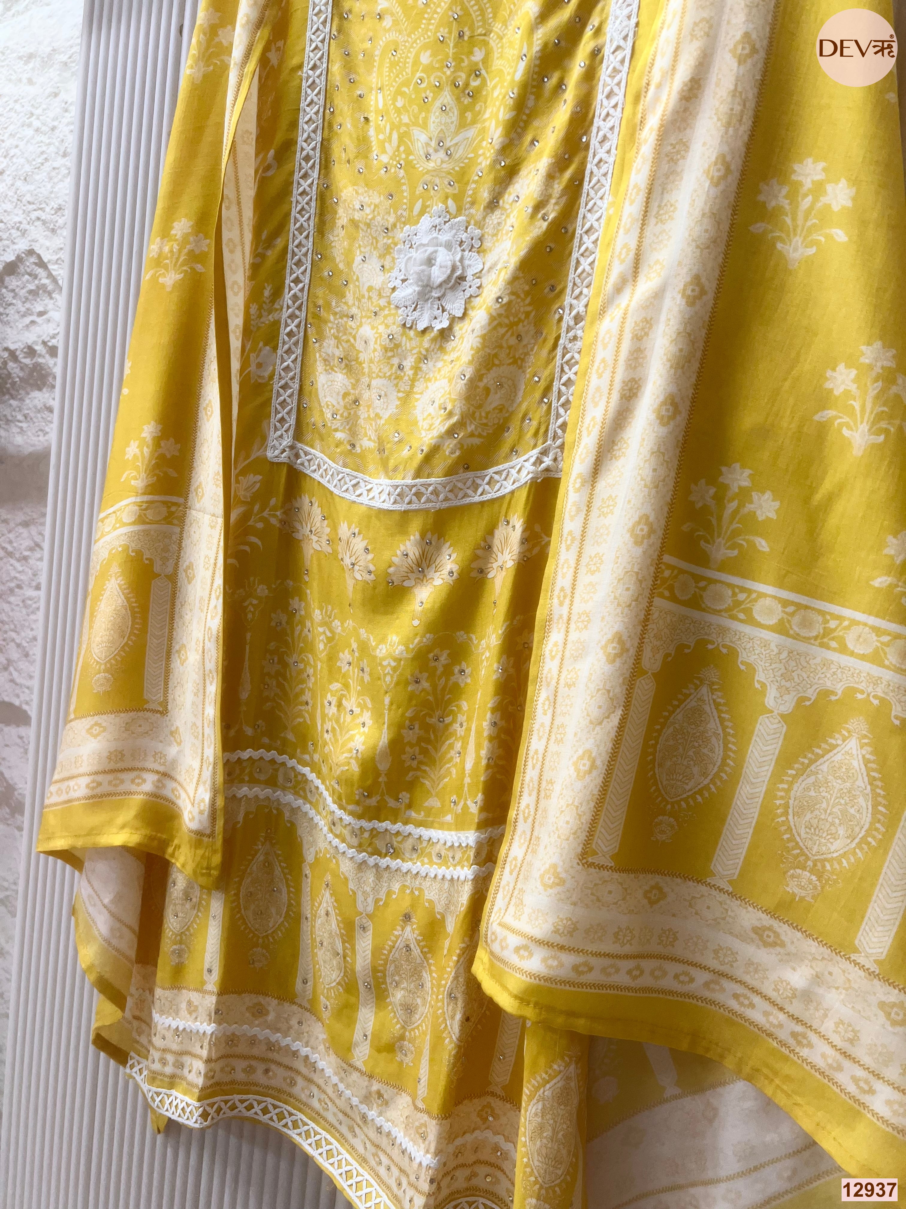 Yellow Muslin Printed Unstitched 3-Piece Suit (Devri – D.No 12937)
