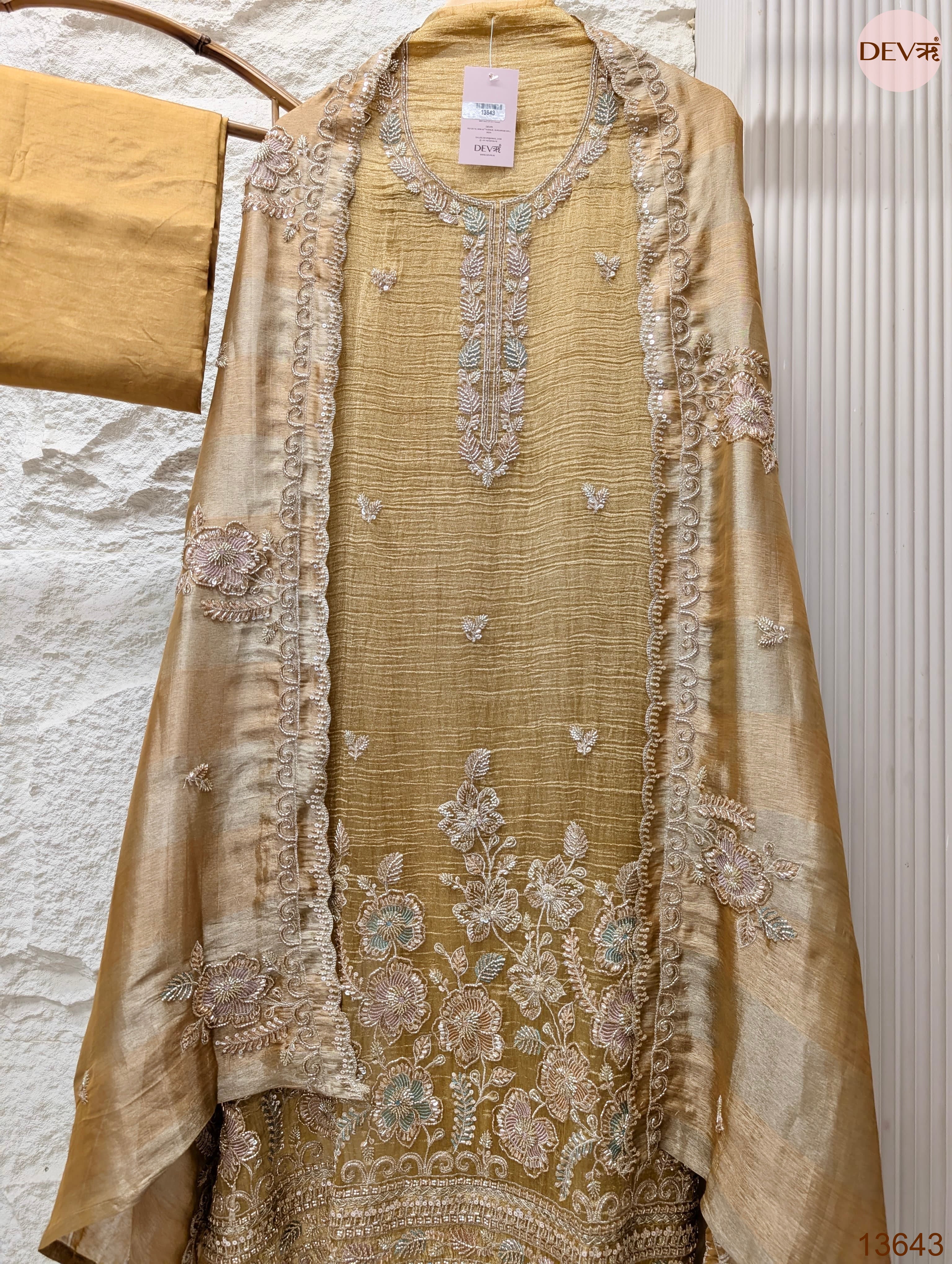 Mustard Tissue Crush Silk Embroidered Unstitched 3-Piece Suit (Devri – D.No 13643)