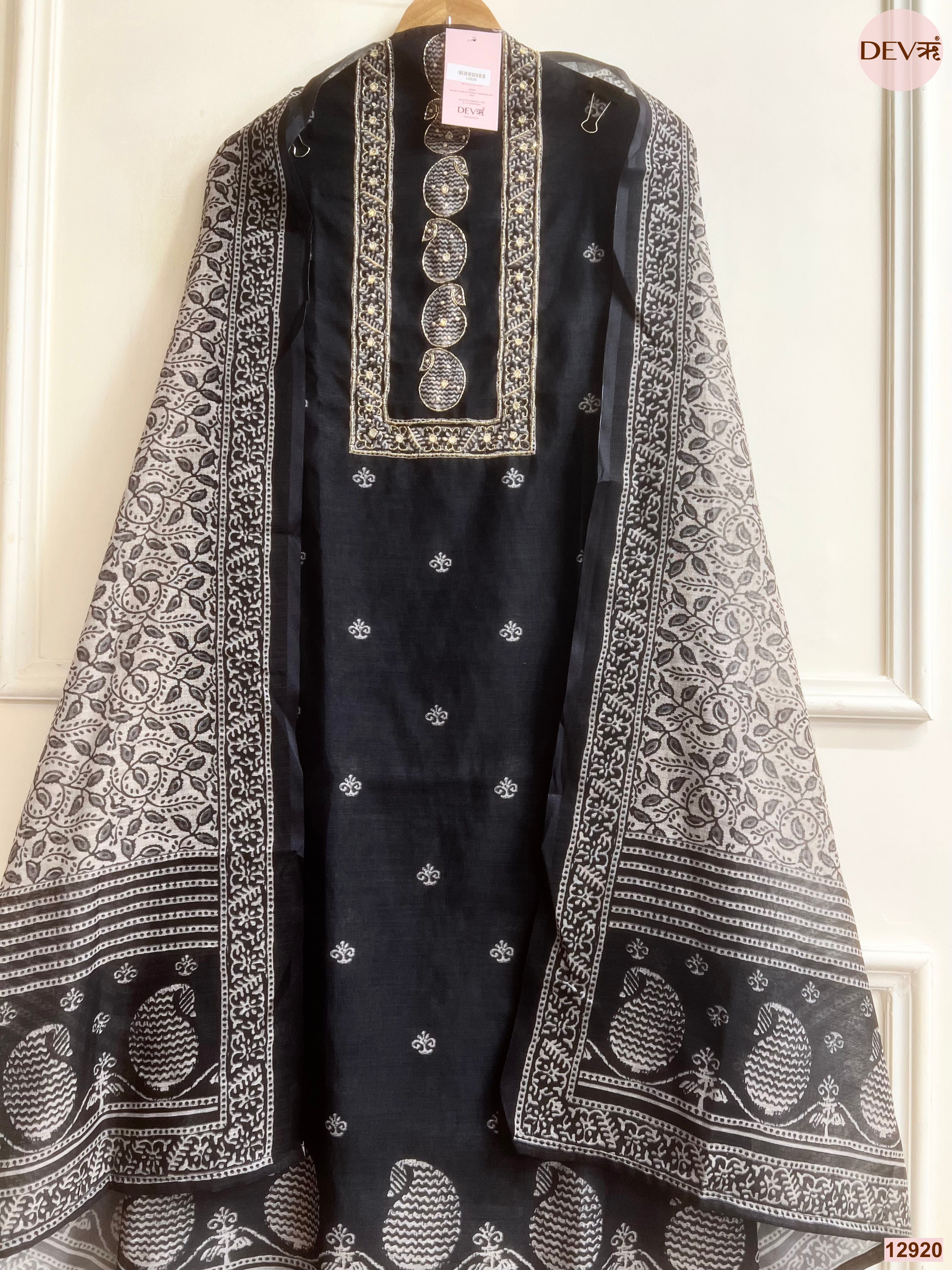 Black Linen Cotton Printed Unstitched 3-Piece Suit (Devri – D.No 12920)