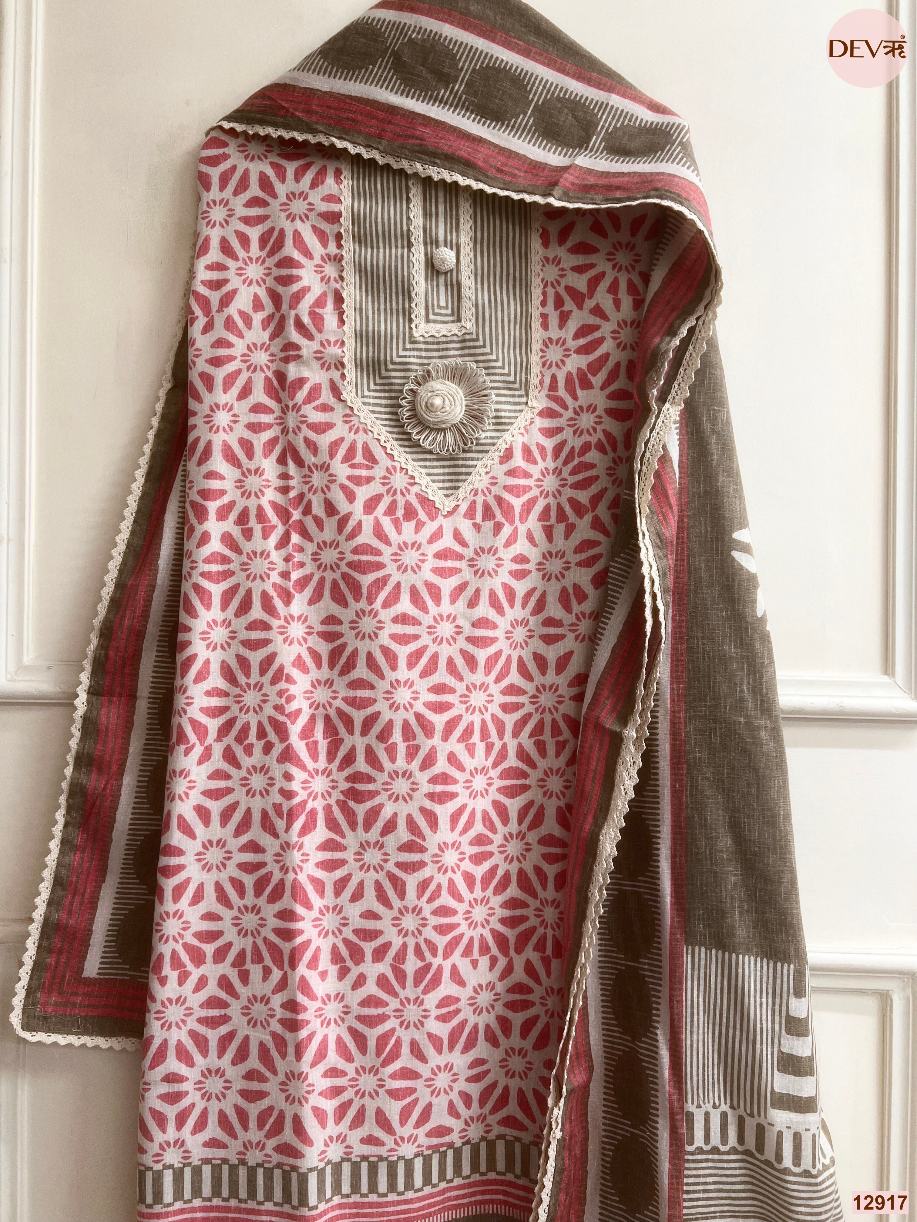 Pink Cotton Khadi Printed Unstitched 3-Piece Suit (Devri – D.No 12917)