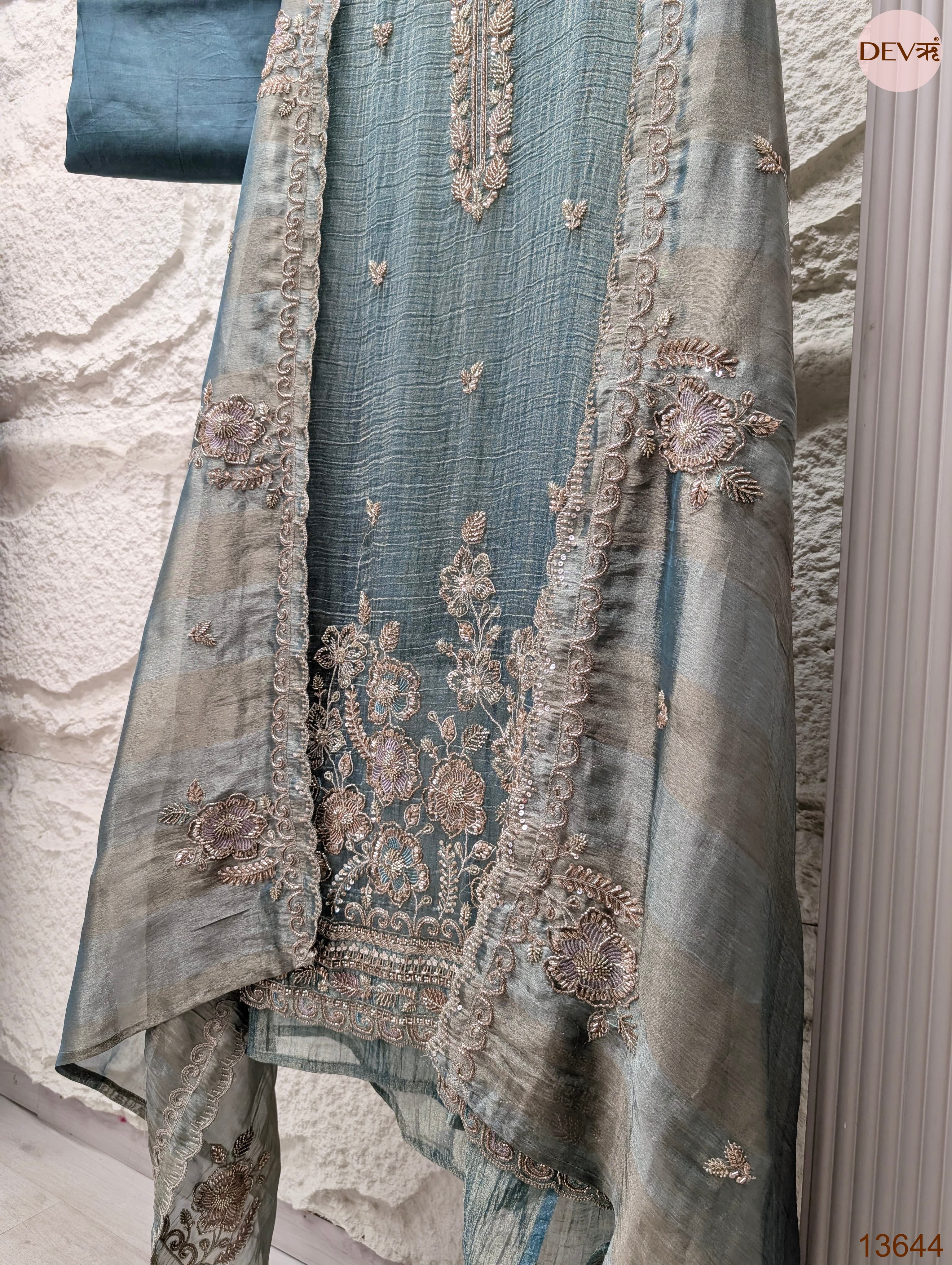 Teal Tissue Crush Silk Embroidered Unstitched 3-Piece Suit (Devri – D.No 13644)