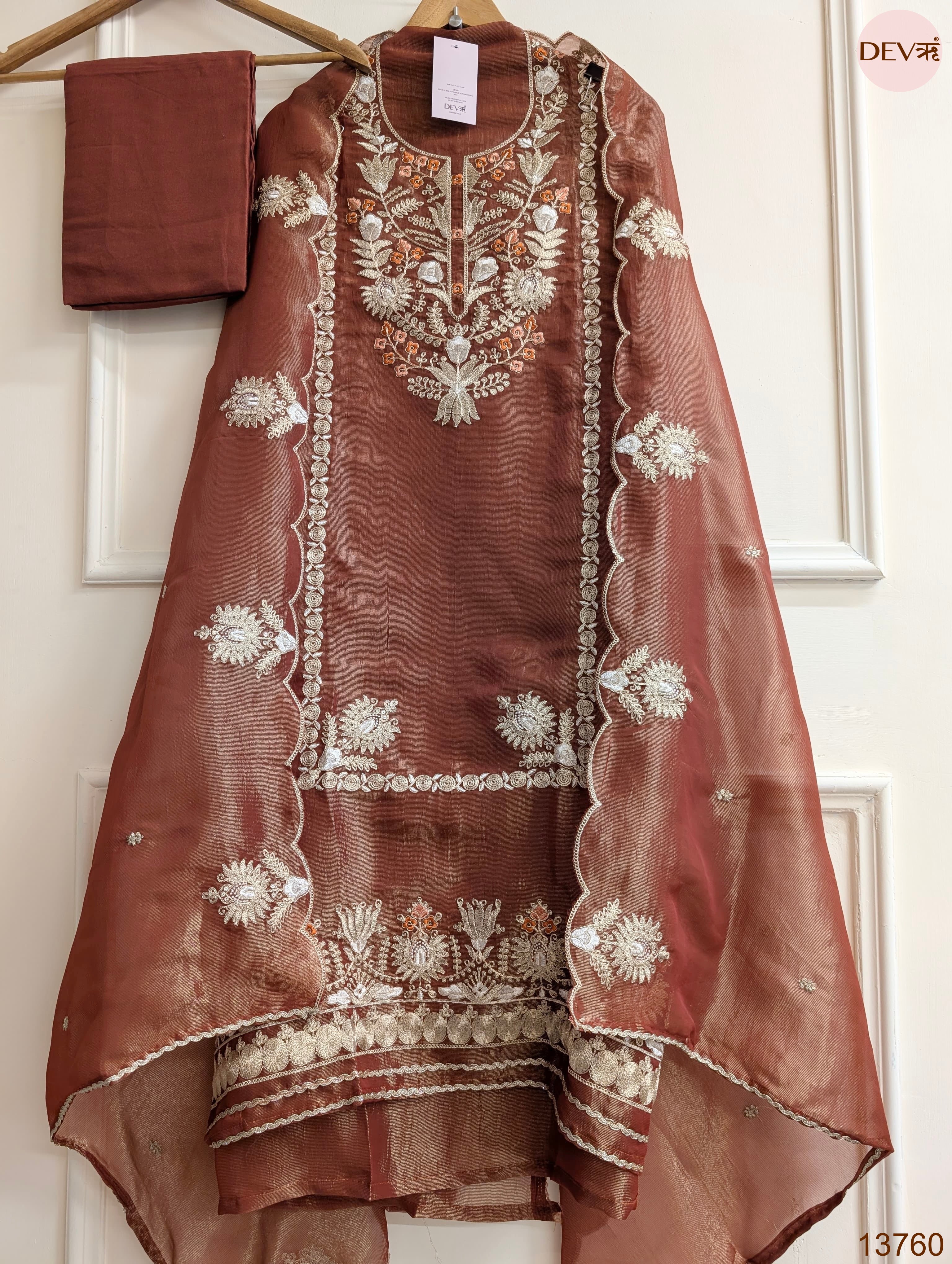 Brown Pure Tissue Silk Embroidered Unstitched 3-Piece Suit (Devri – D.No 13760)