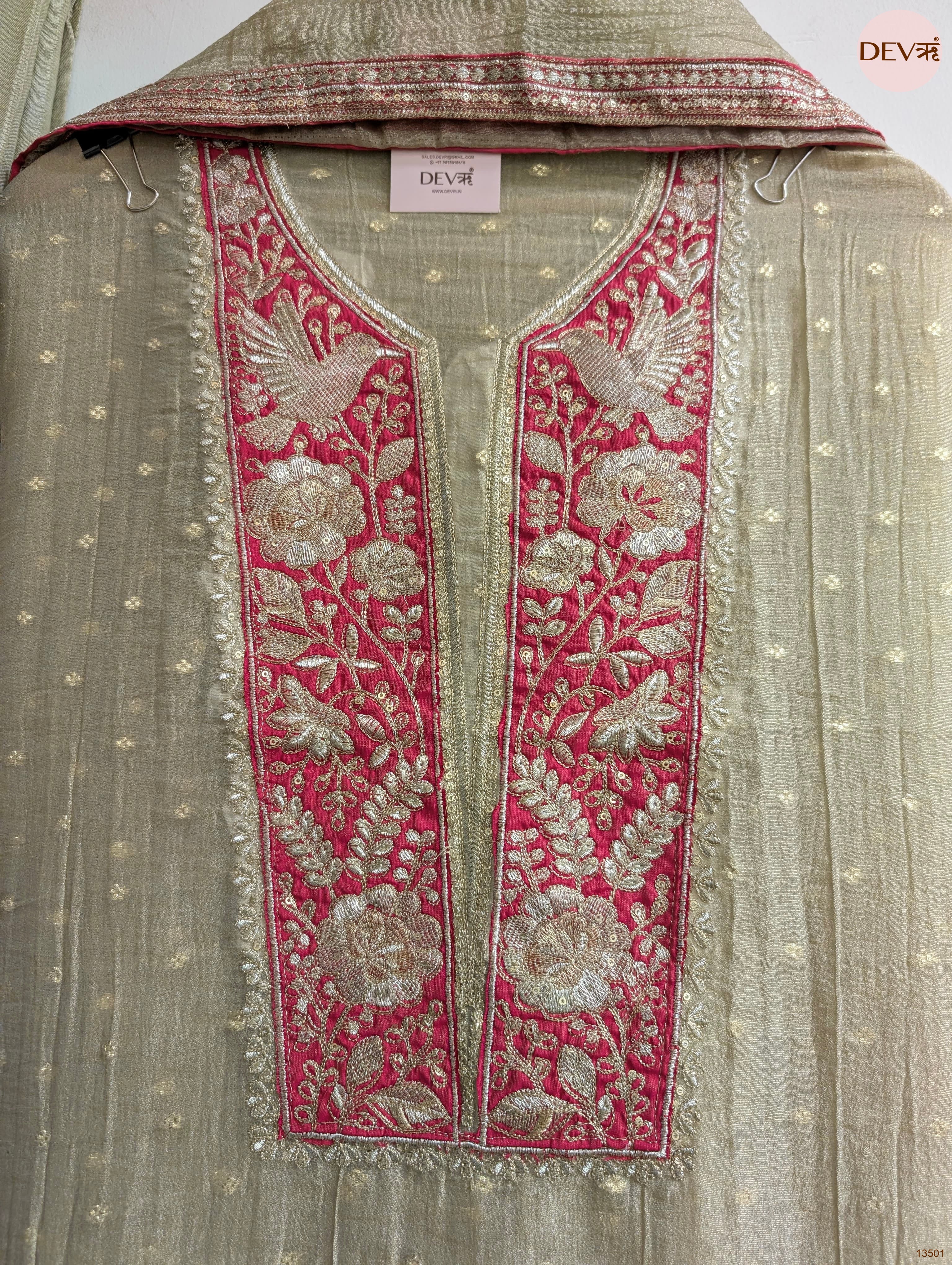 Olive Tissue Silk Embroidered Unstitched 3-Piece Suit (Devri – D.No 13501)