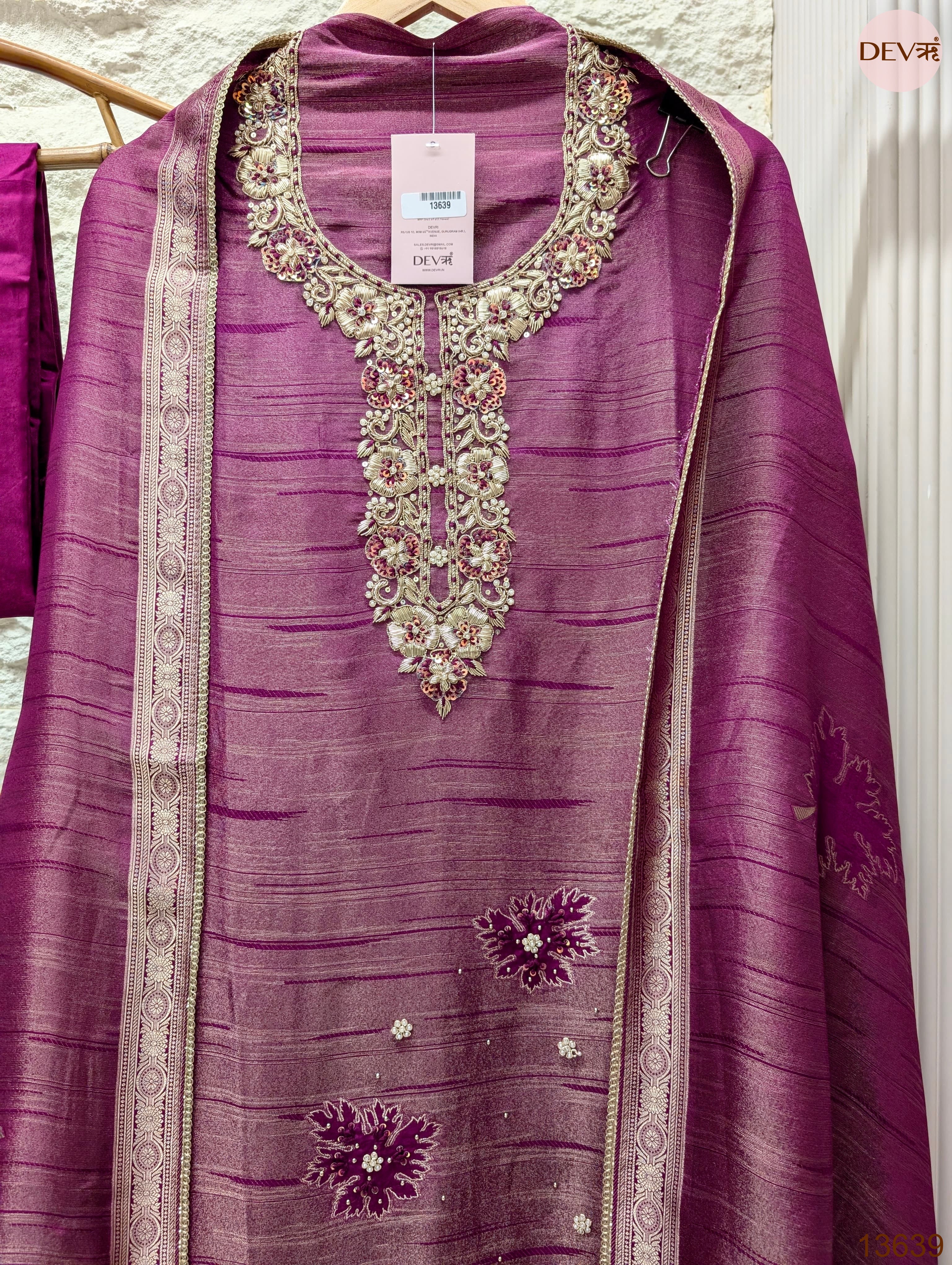 Magenta Pure Girafe Banarasi Silk Embroidered Unstitched 3-Piece Suit (Devri – D.No 13639)