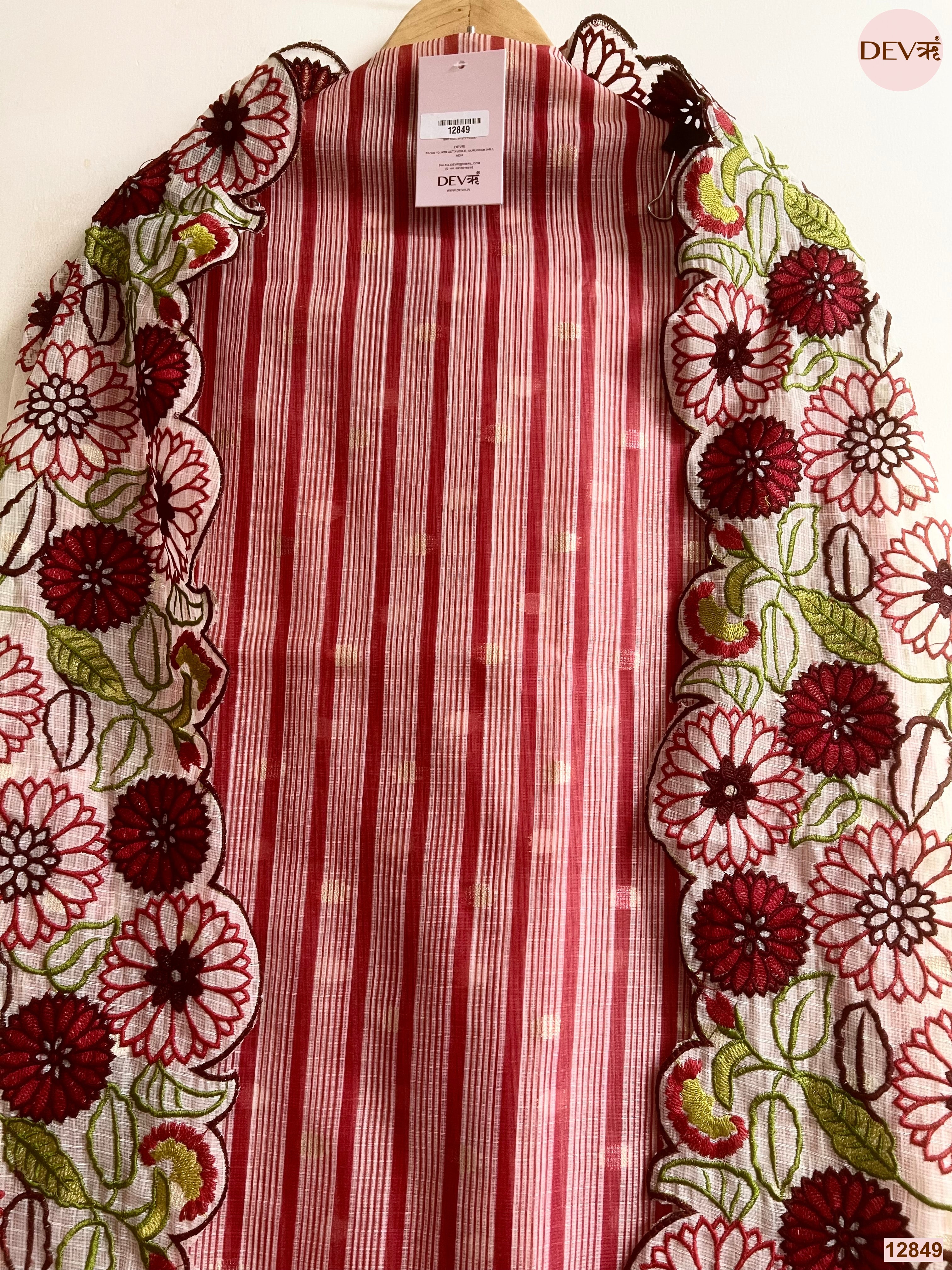 Red Zari Kota Embroidered Unstitched 3-Piece Suit (Devri – D.No 12849)