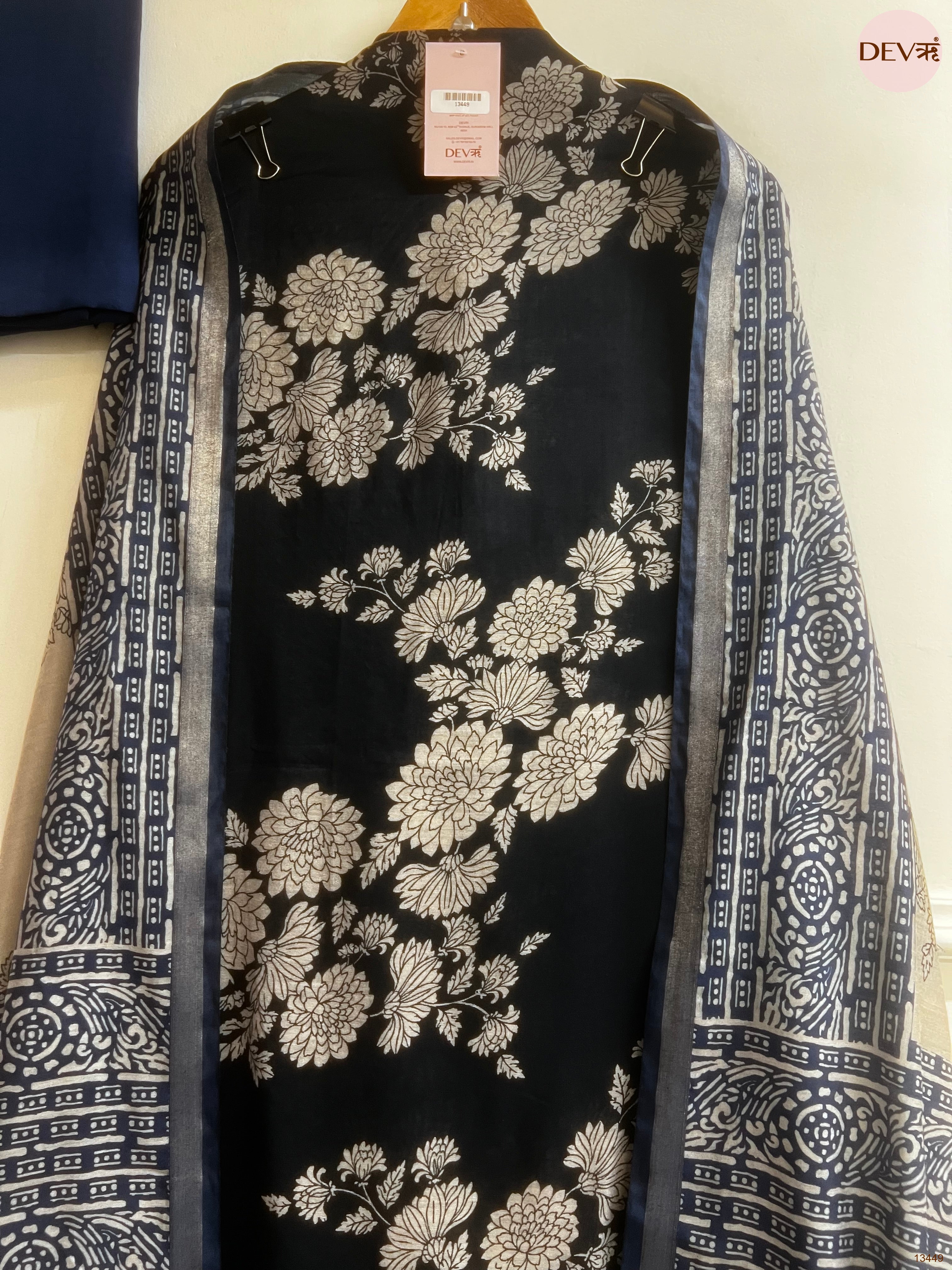 Navy Maheshwari Silk Printed Unstitched 3-Piece Suit (Devri – D.No 13449)