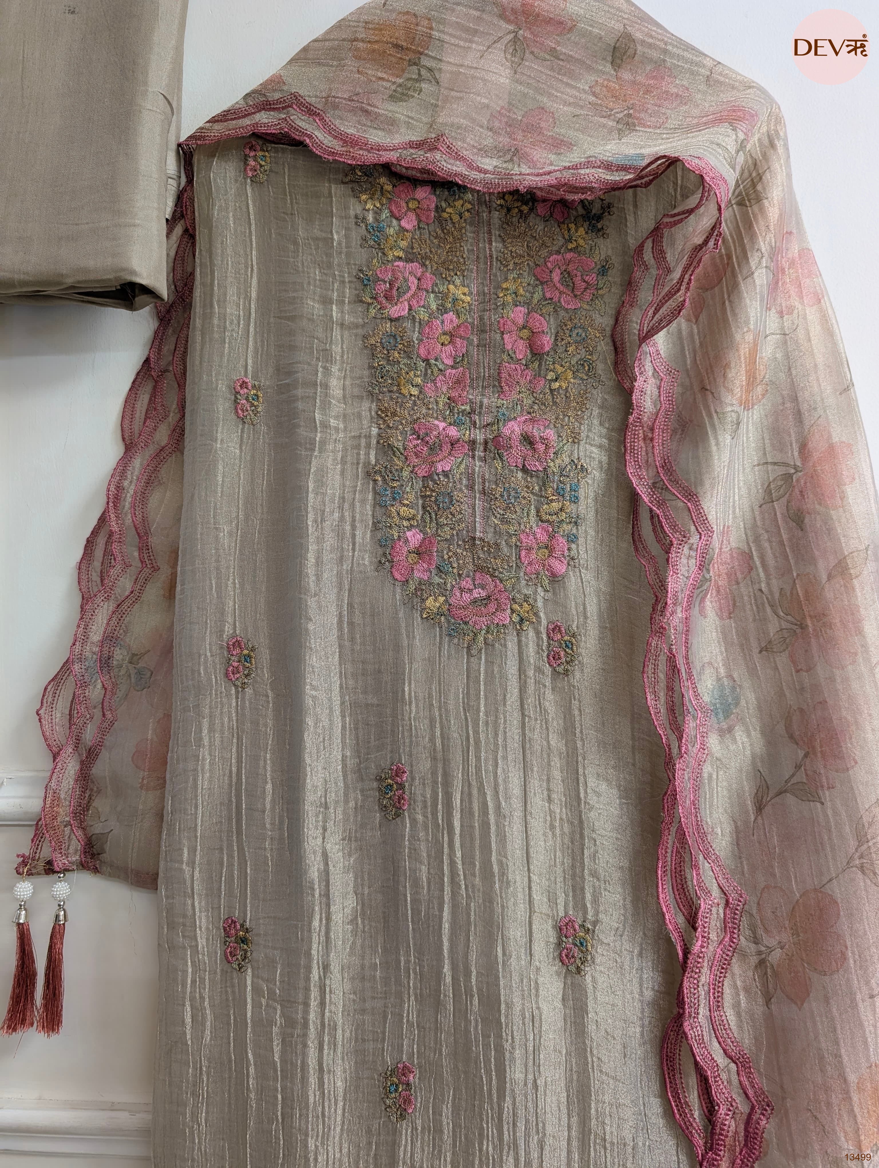 Beige Tissue Crush Silk Embroidered Unstitched 3-Piece Suit (Devri – D.No 13499)
