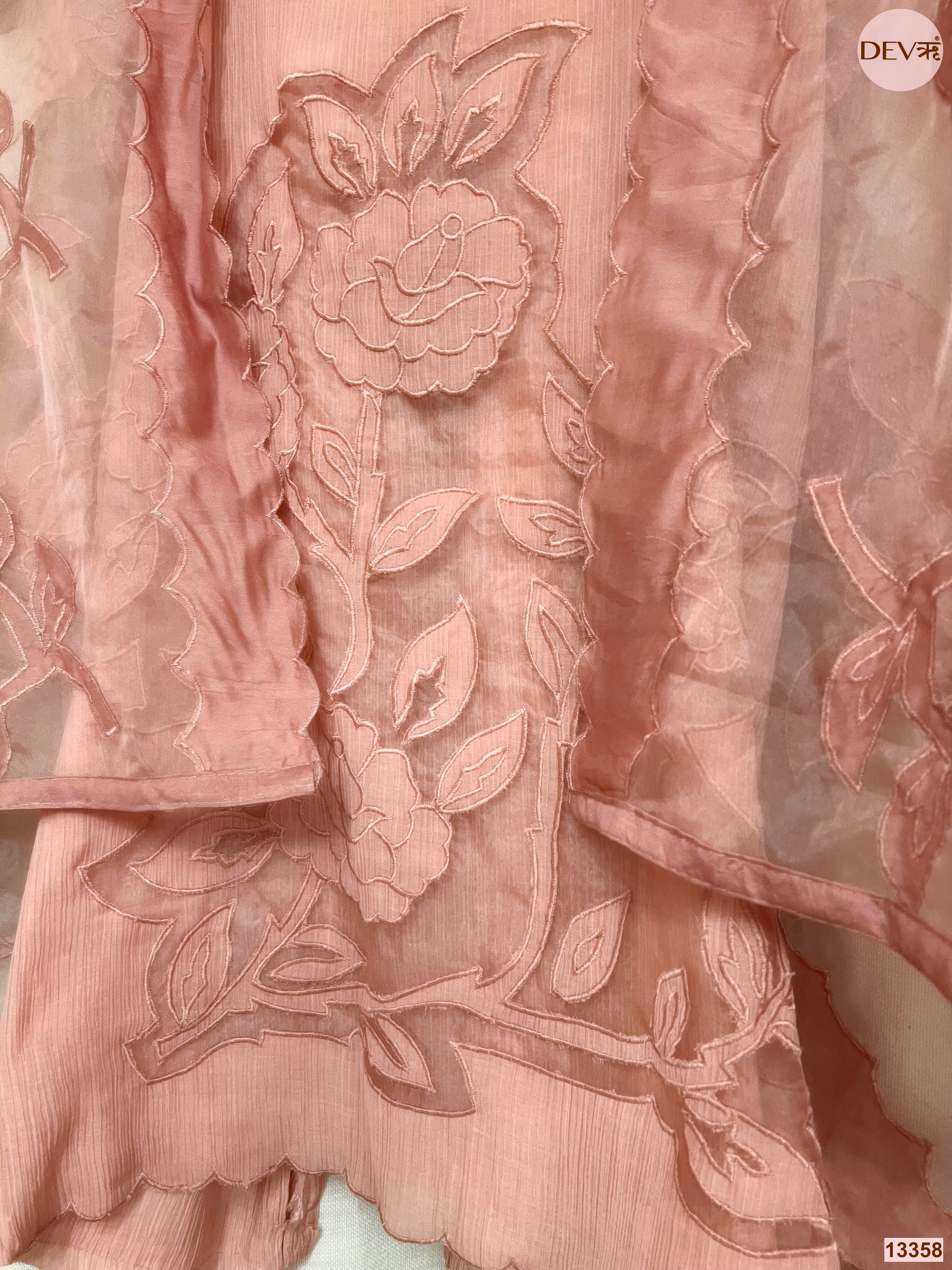 Peach Mul Chanderi Embroidered Unstitched 3-Piece Suit (Devri – D.No 13358)