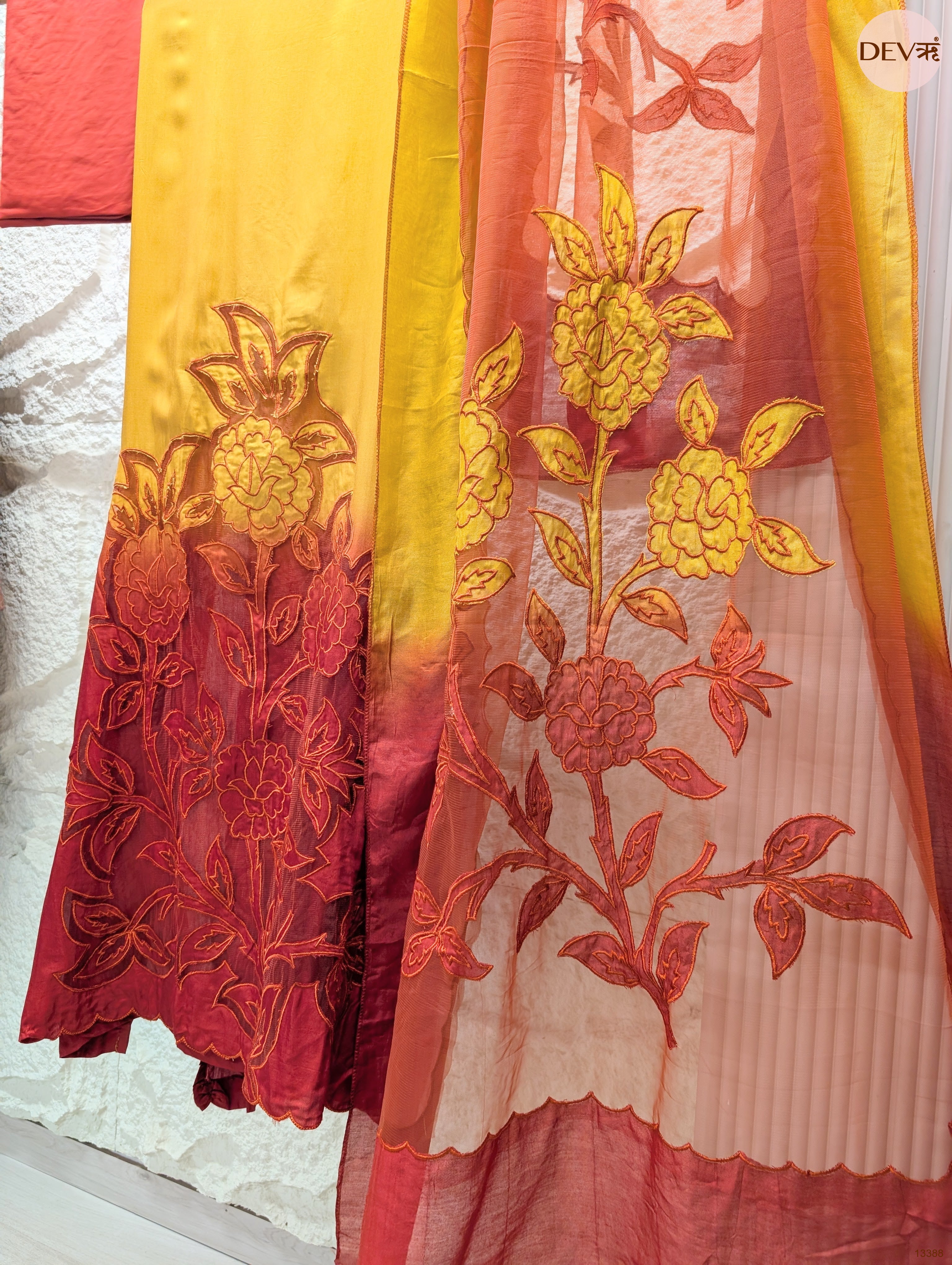 Mustard Muslin Embroidered Unstitched 3-Piece Suit (Devri – D.No 13388)