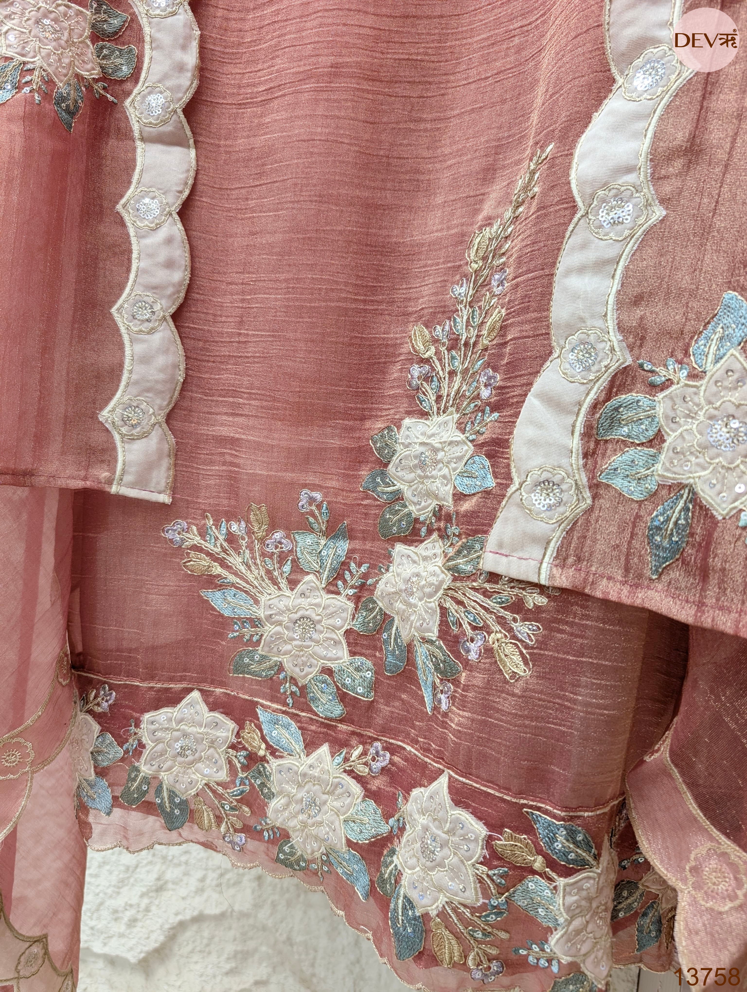 Pink Tissue Crush Silk Embroidered Unstitched 3-Piece Suit (Devri – D.No 13758)