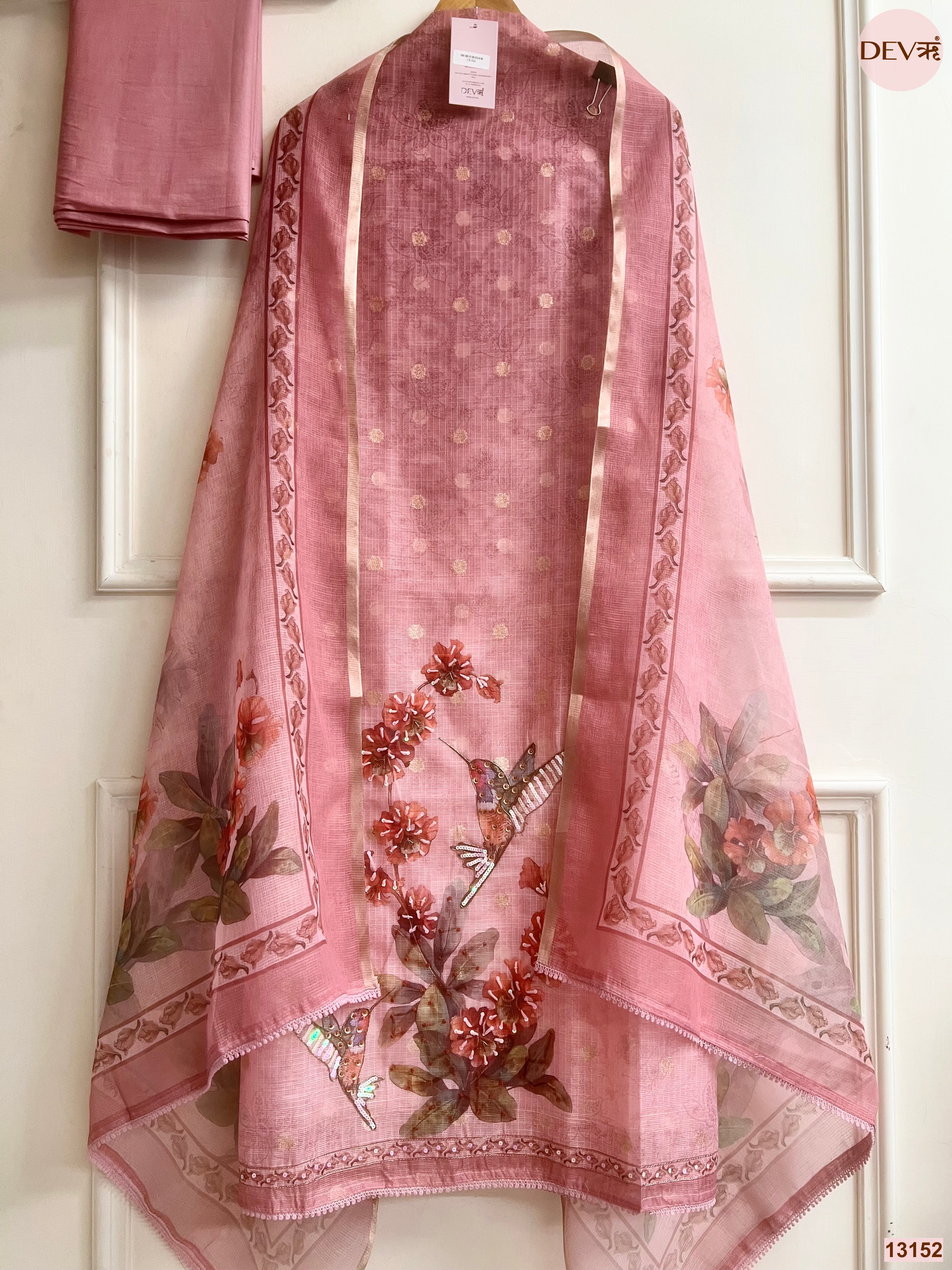 Pink Kota Printed Unstitched 3-Piece Suit (Devri – D.No 13152)