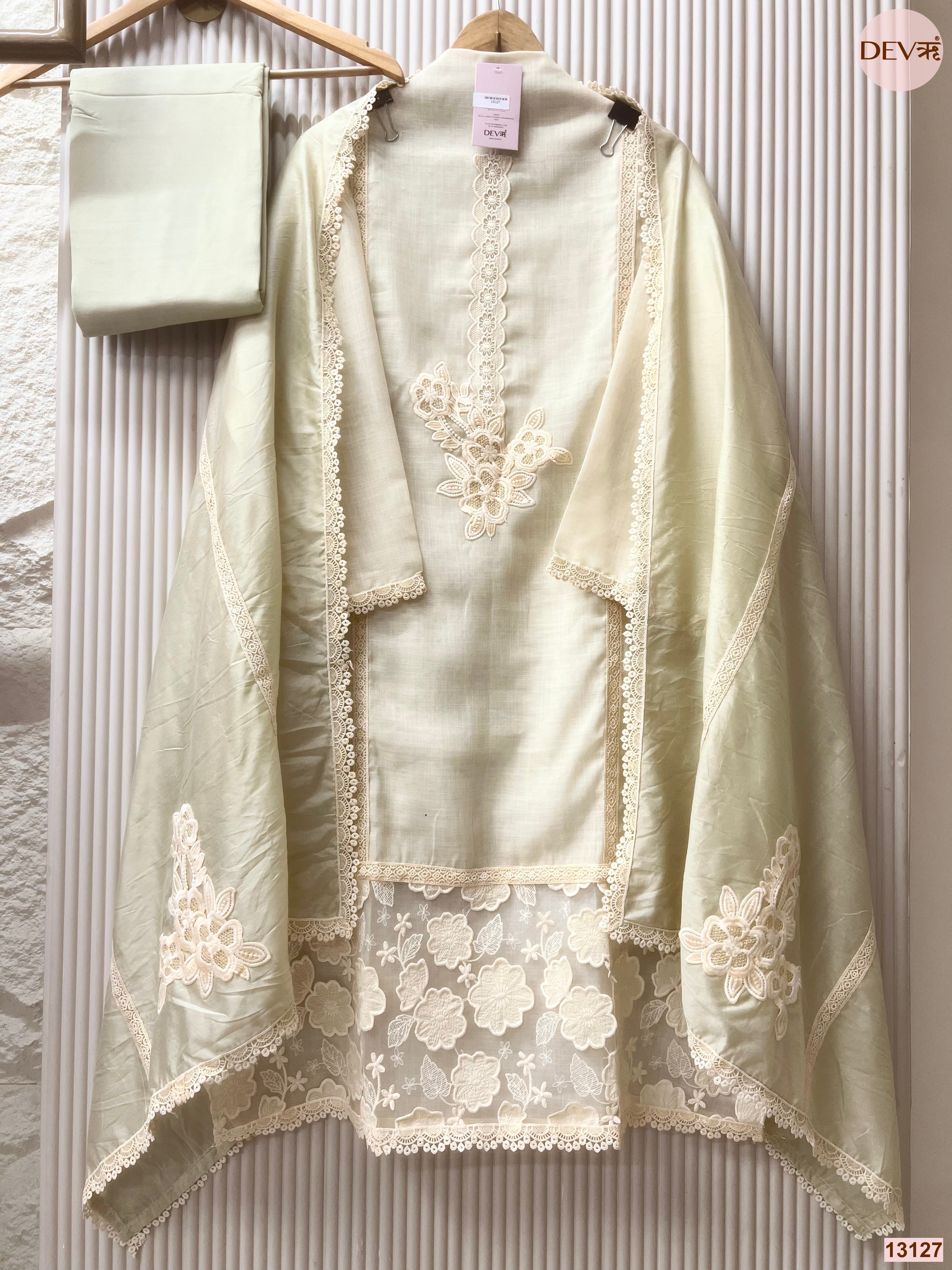 Pista Linen Cotton Embroidered Unstitched 3-Piece Suit (Devri – D.No 13127)