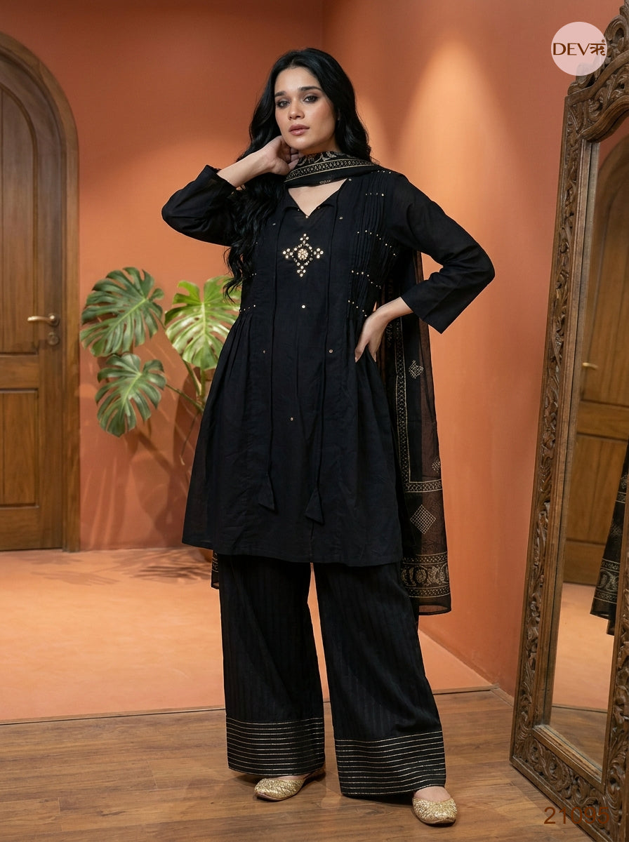 Noor Mul Chanderi Embroidered Black 3-Piece Set (Devri – D.No 21095)