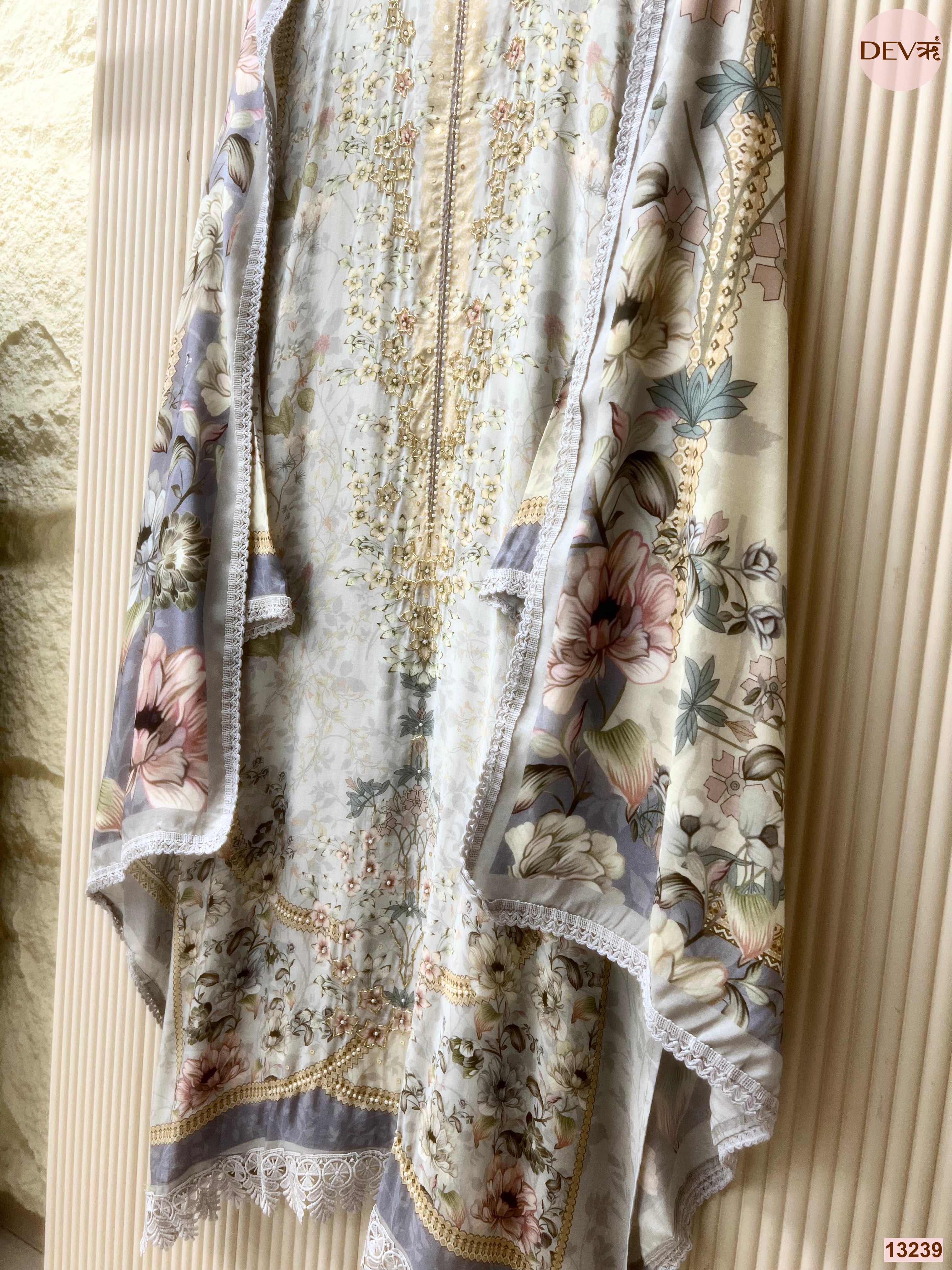 Blue Muslin Printed Unstitched 3-Piece Suit (Devri – D.No 13239)