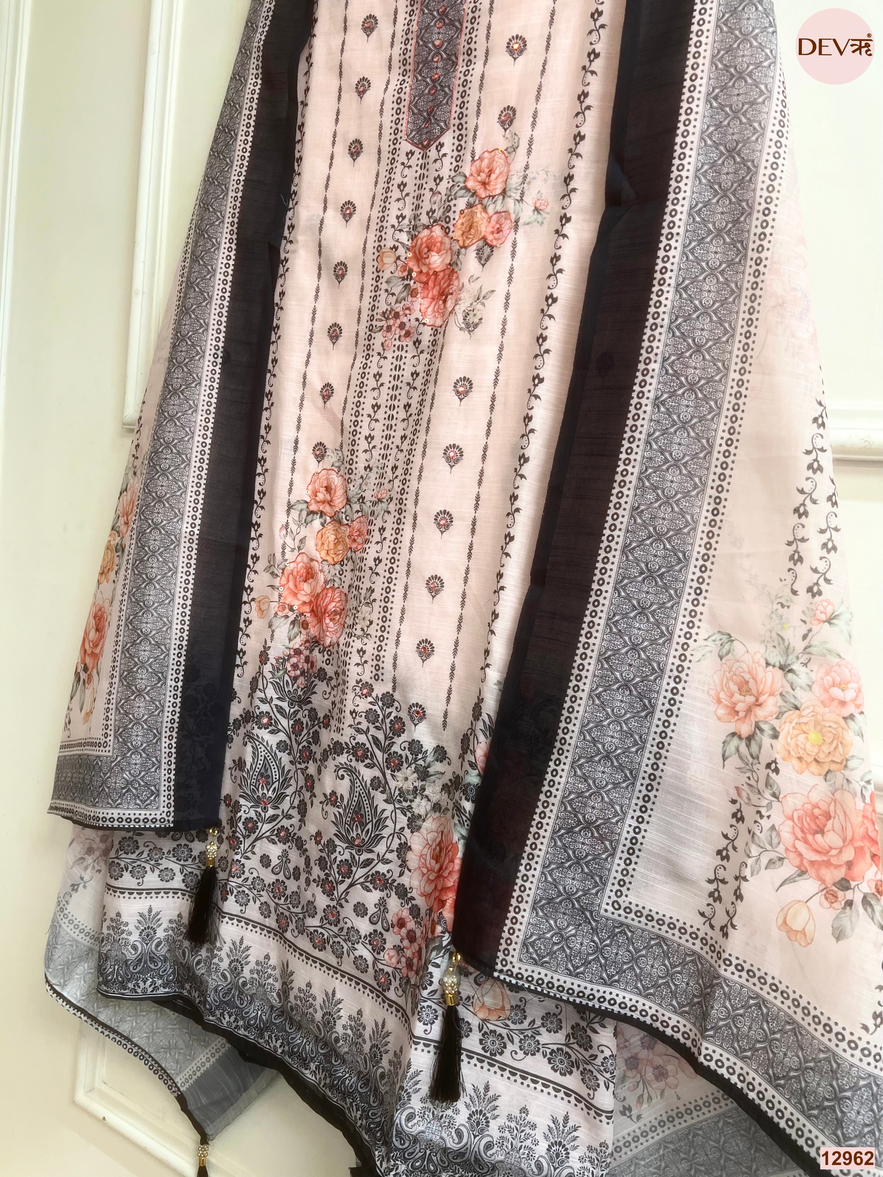 Peach Linen Cotton Printed Unstitched 3-Piece Suit (Devri – D.No 12962)
