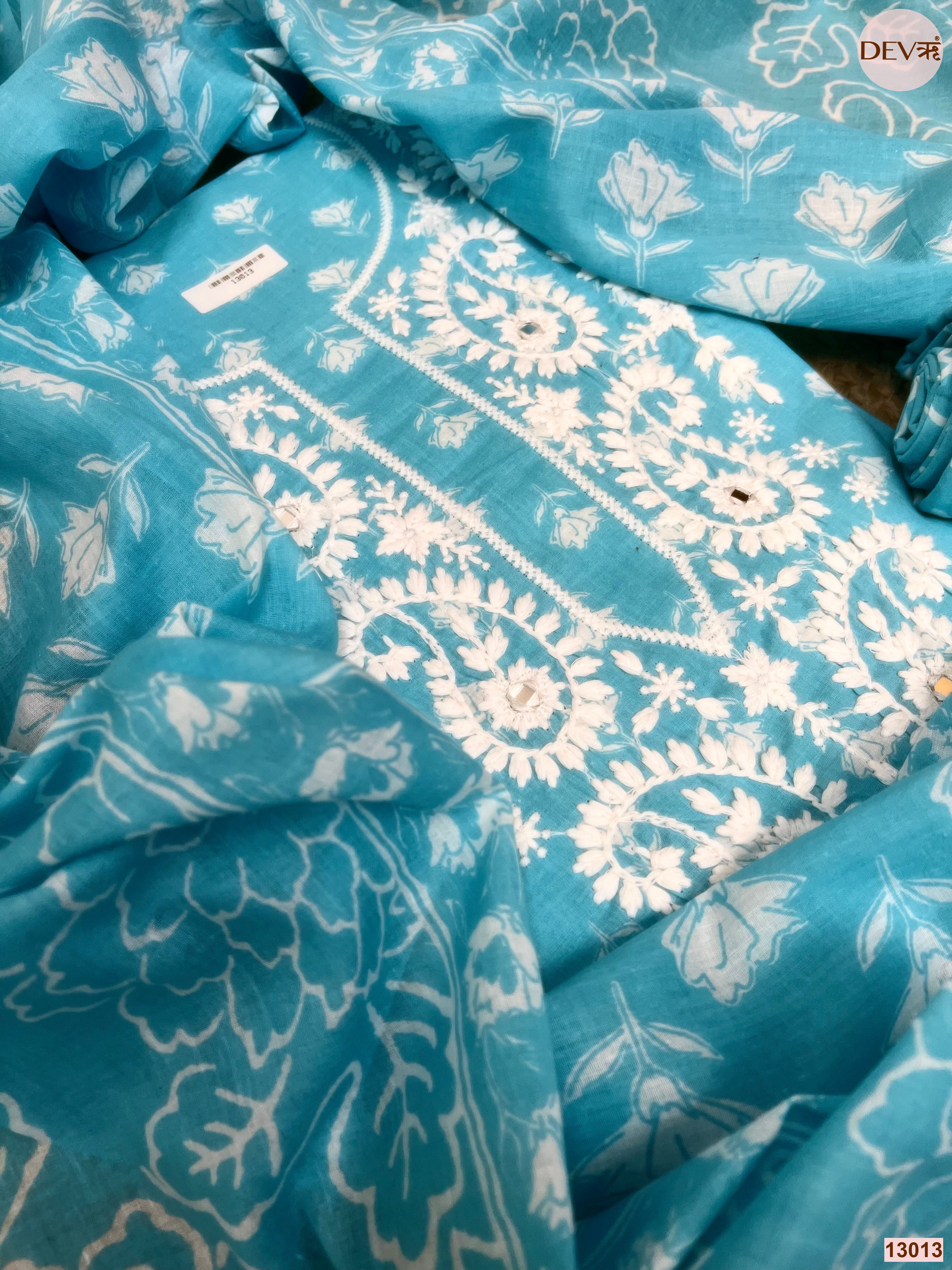 Blue Cotton Embroidered Unstitched 3-Piece Suit (Devri – D.No 13013)