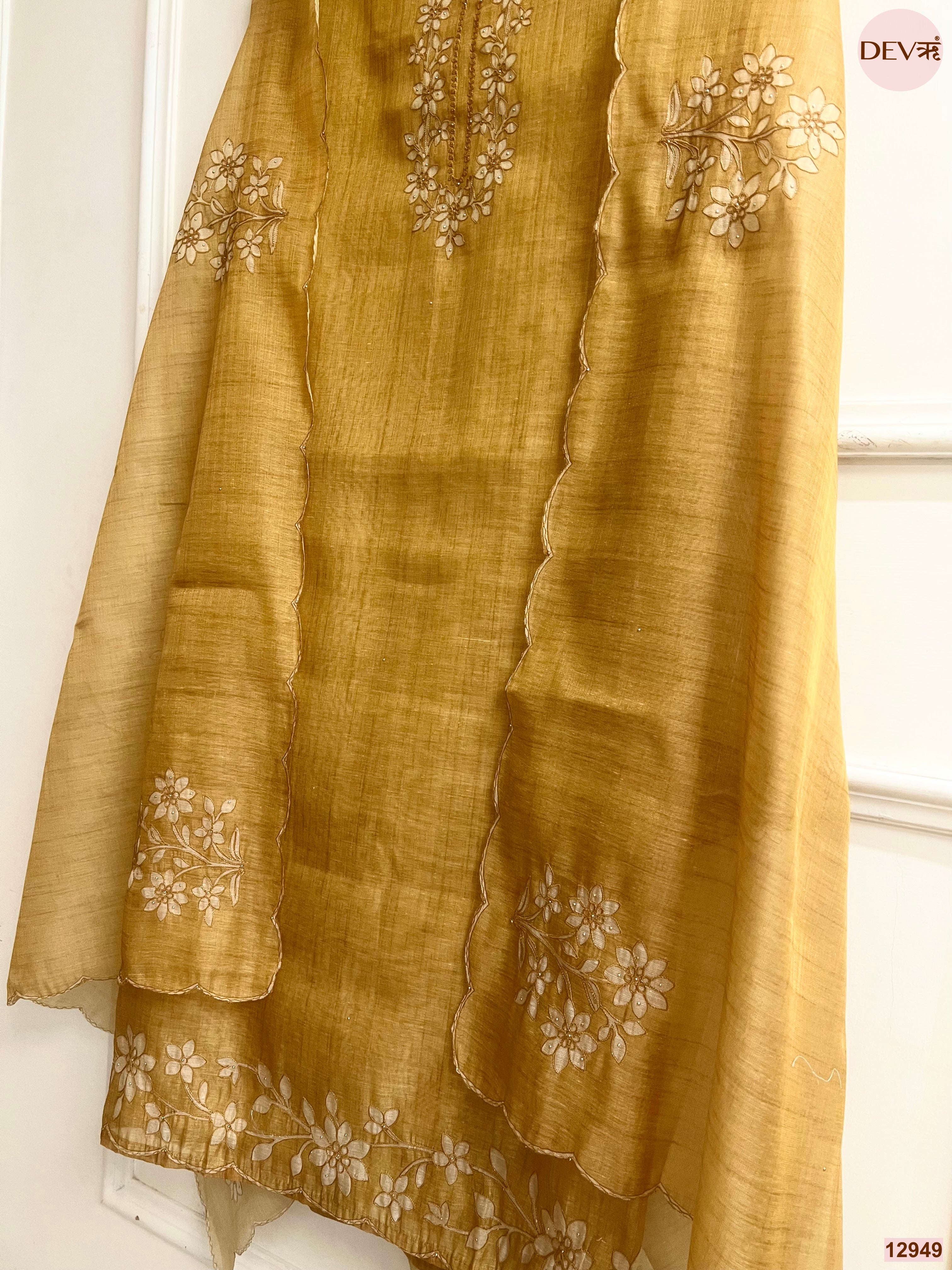 Mustard Linen Embroidered Unstitched 3-Piece Suit (Devri – D.No 12949)