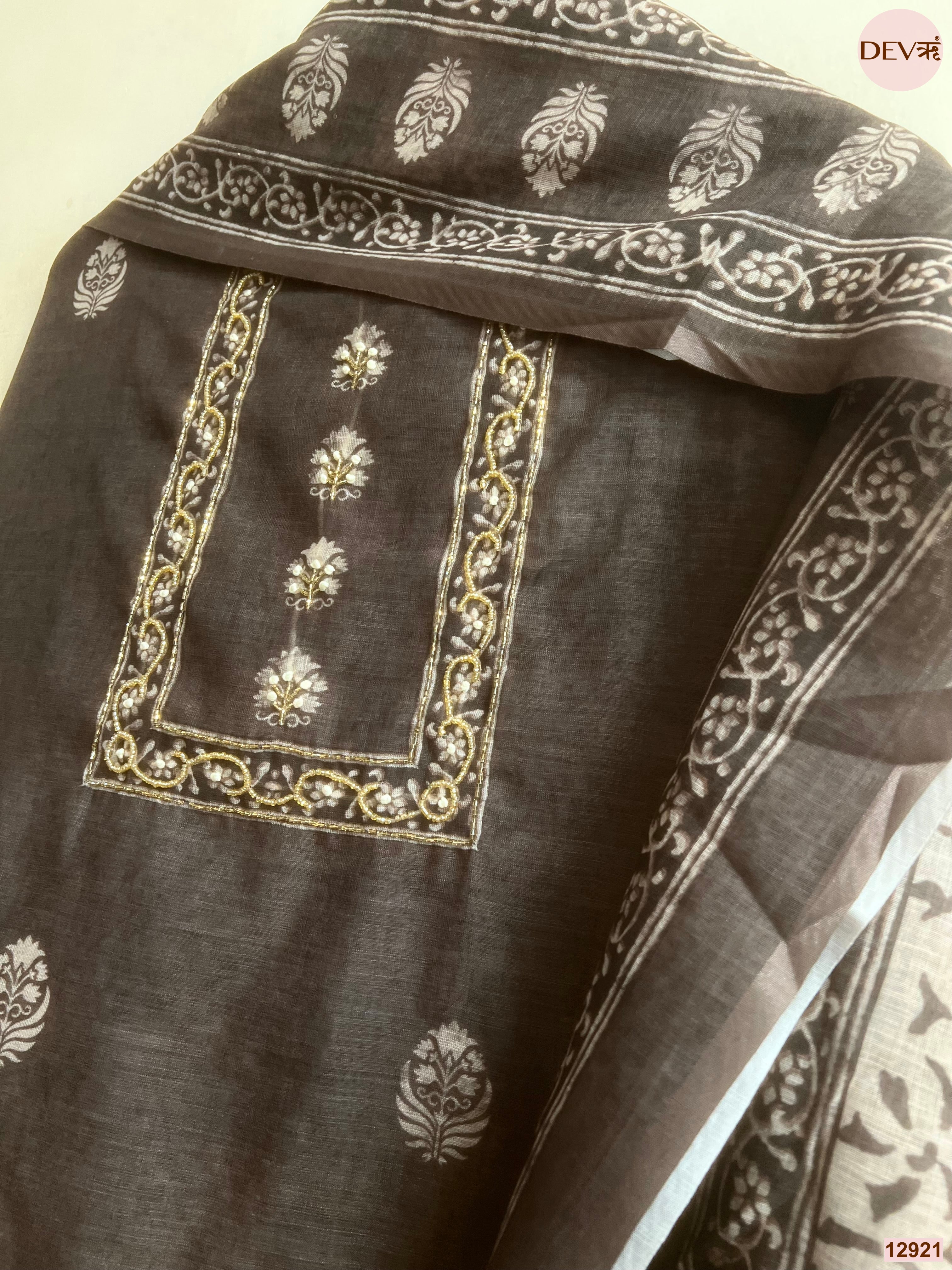 Black Linen Cotton Printed Unstitched 3-Piece Suit (Devri – D.No 12921)
