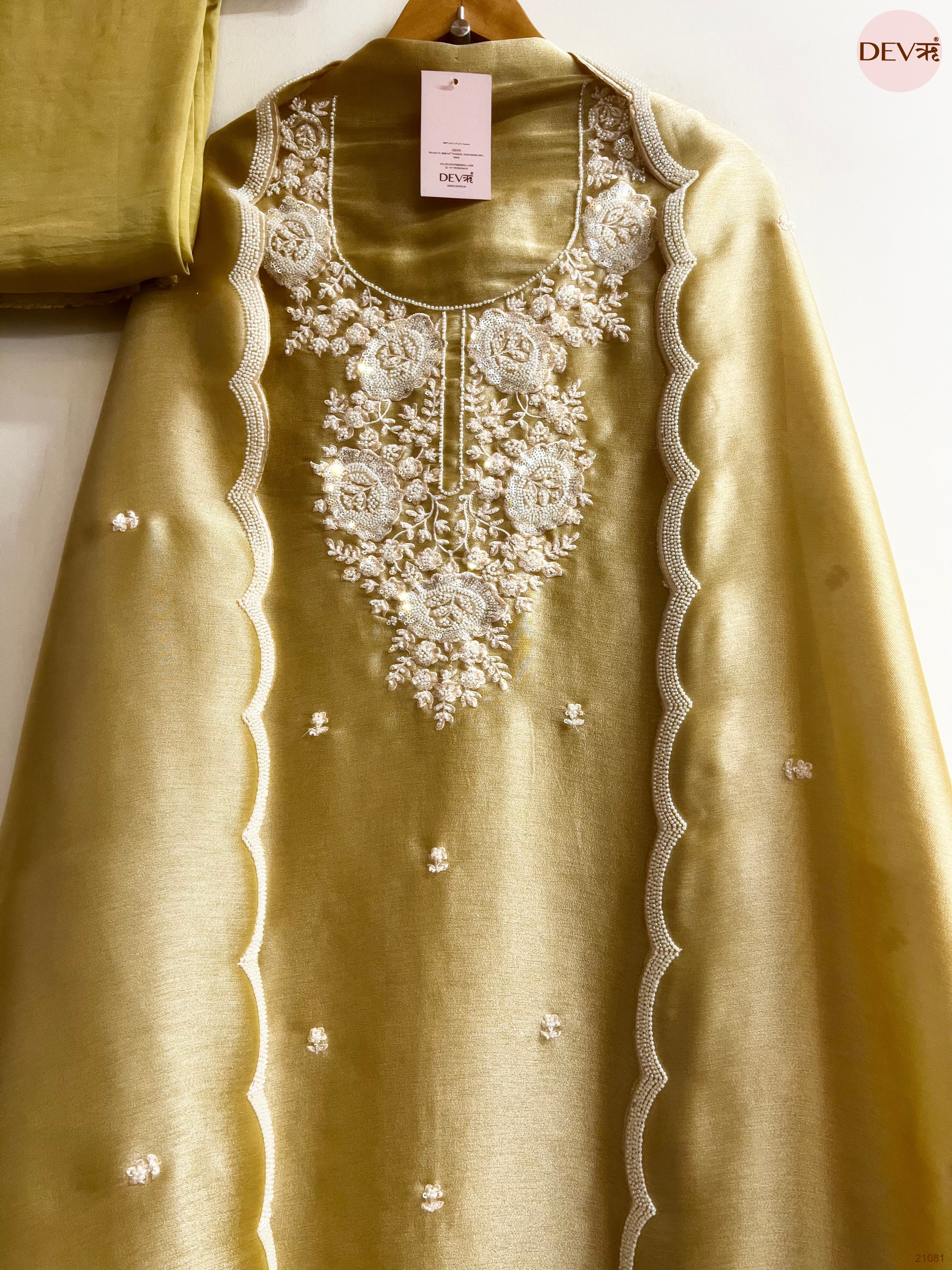 Olive Pure Tissue Giraffe Silk Embroidered Unstitched 3-Piece Suit (Devri – D.No 21081)