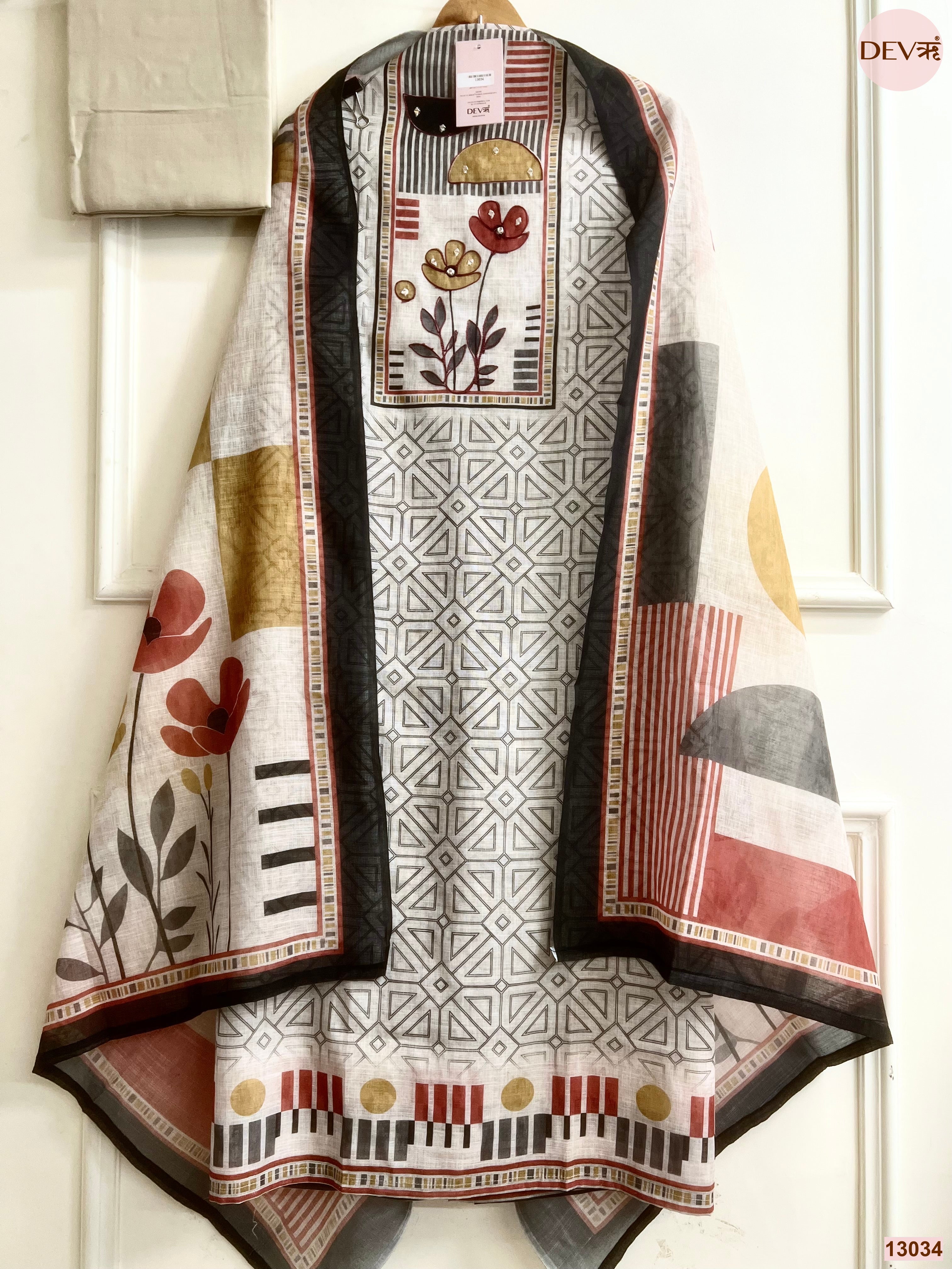 Off White Linen Cotton Printed Unstitched 3-Piece Suit (Devri – D.No 13034)