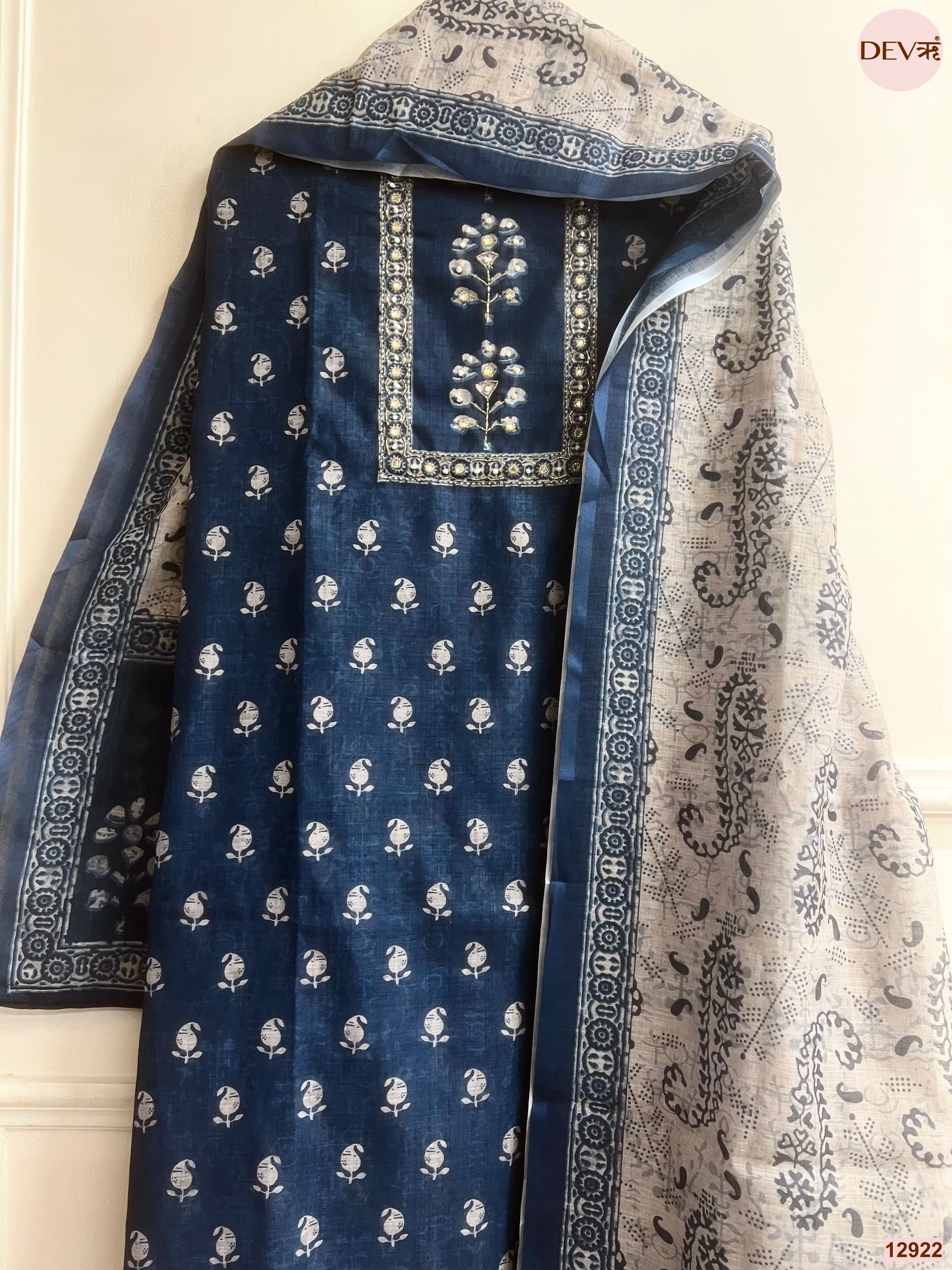 Navy Linen Cotton Printed Unstitched 3-Piece Suit (Devri – D.No 12922)