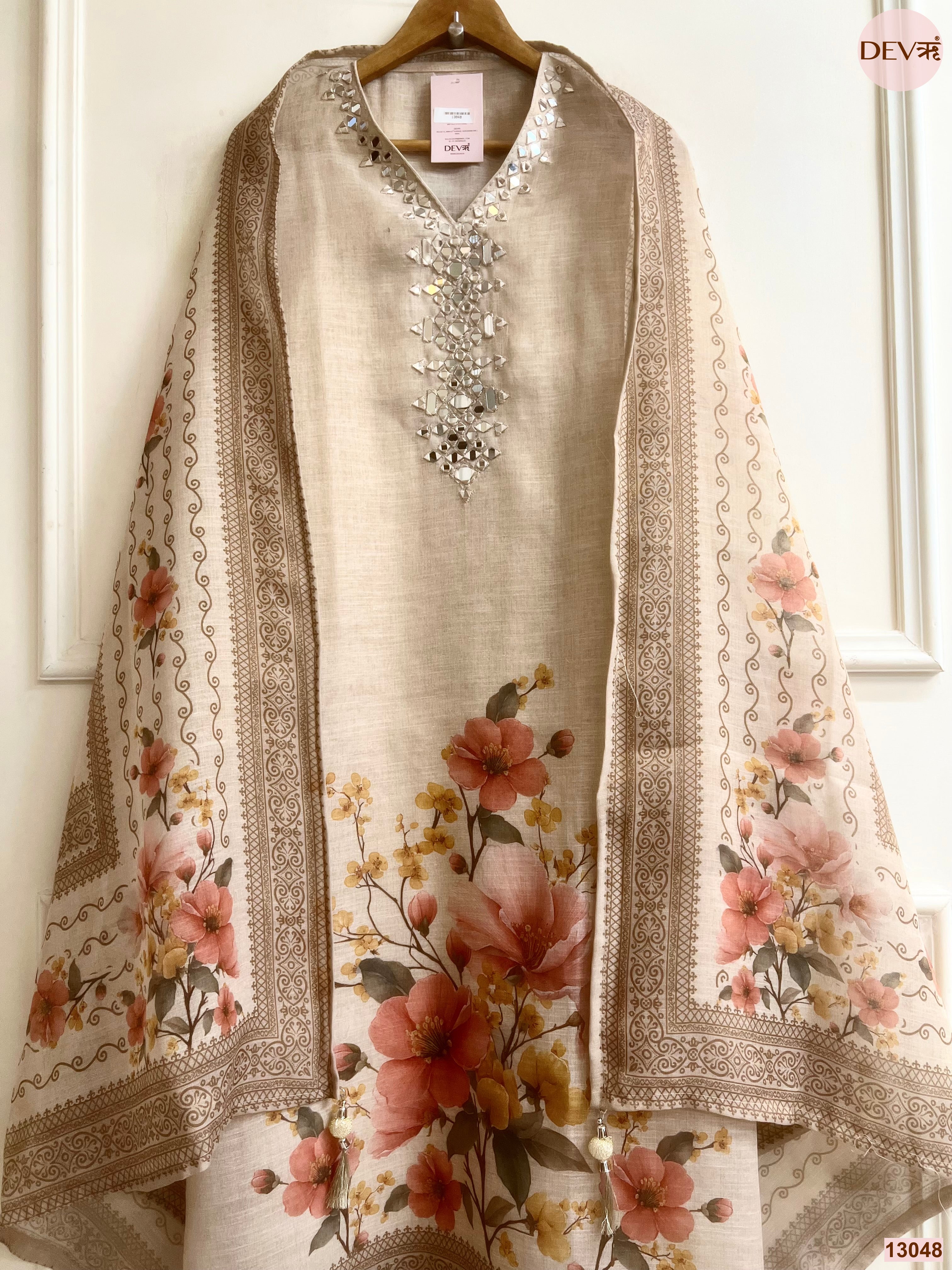 Beige Linen Printed Unstitched 3-Piece Suit (Devri – D.No 13048)