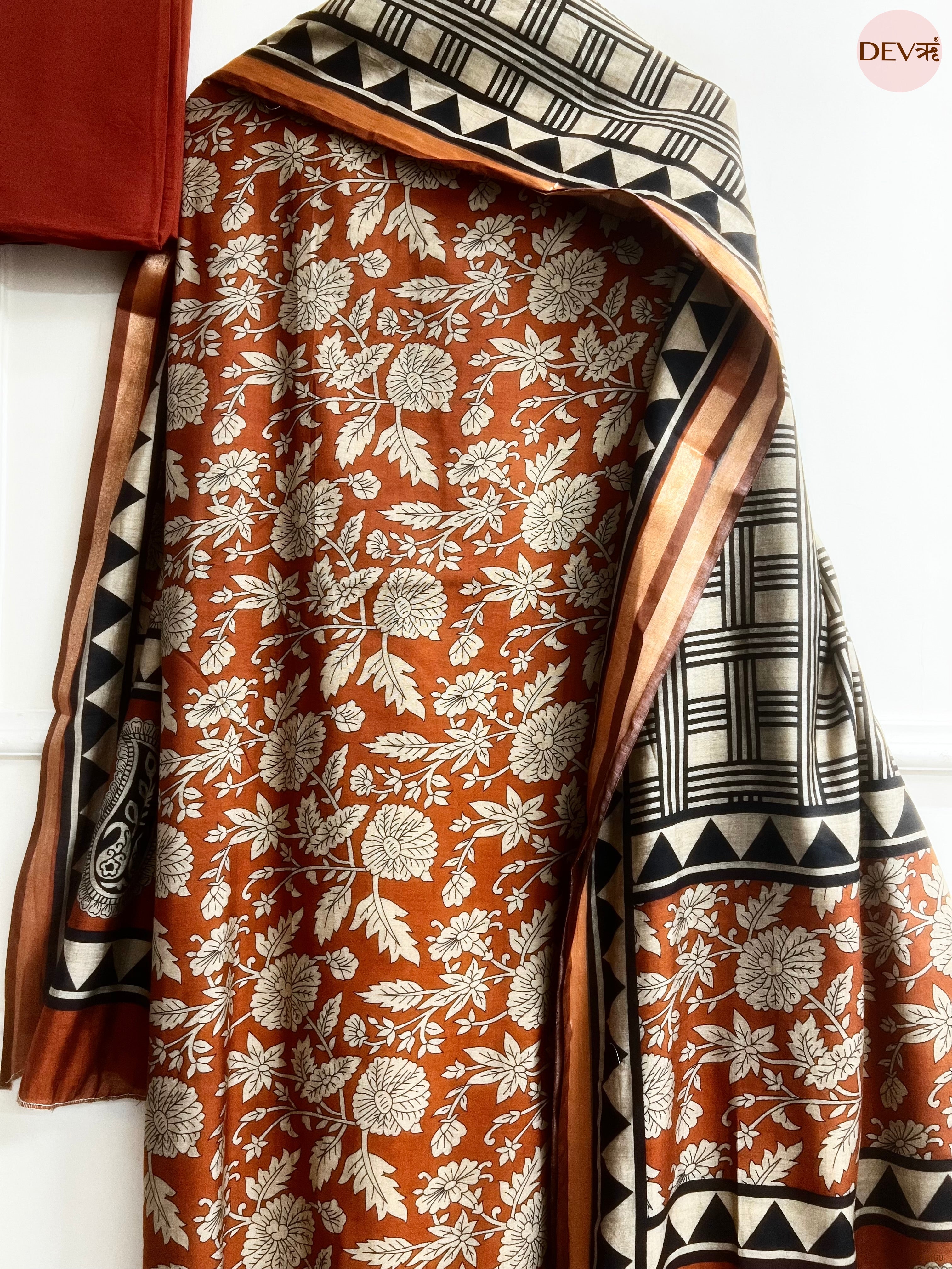 Rust Maheshwari Silk Printed Unstitched 3-Piece Suit (Devri – D.No 13460)