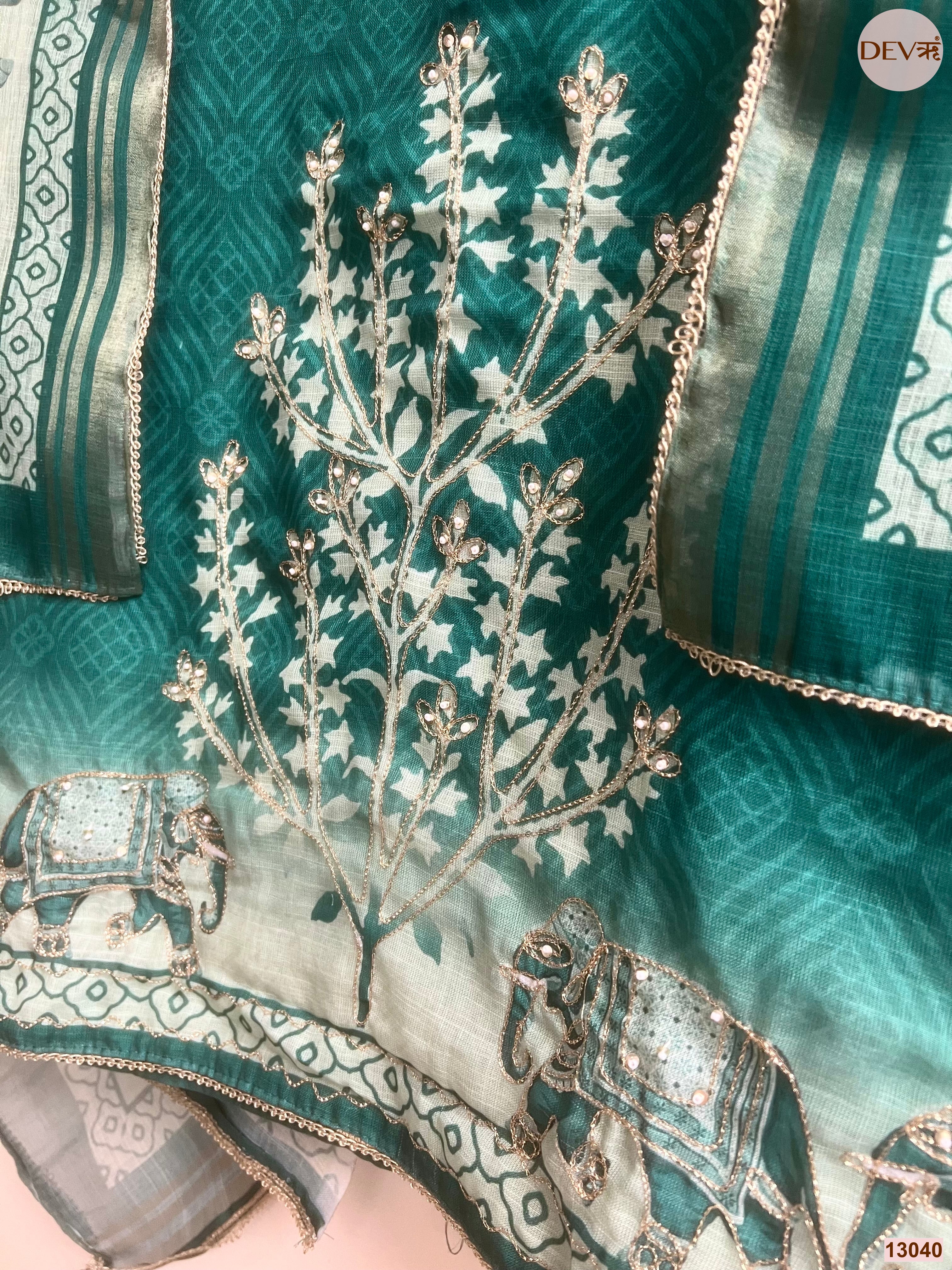Green Linen Cotton Printed Unstitched 3-Piece Suit (Devri – D.No 13040)