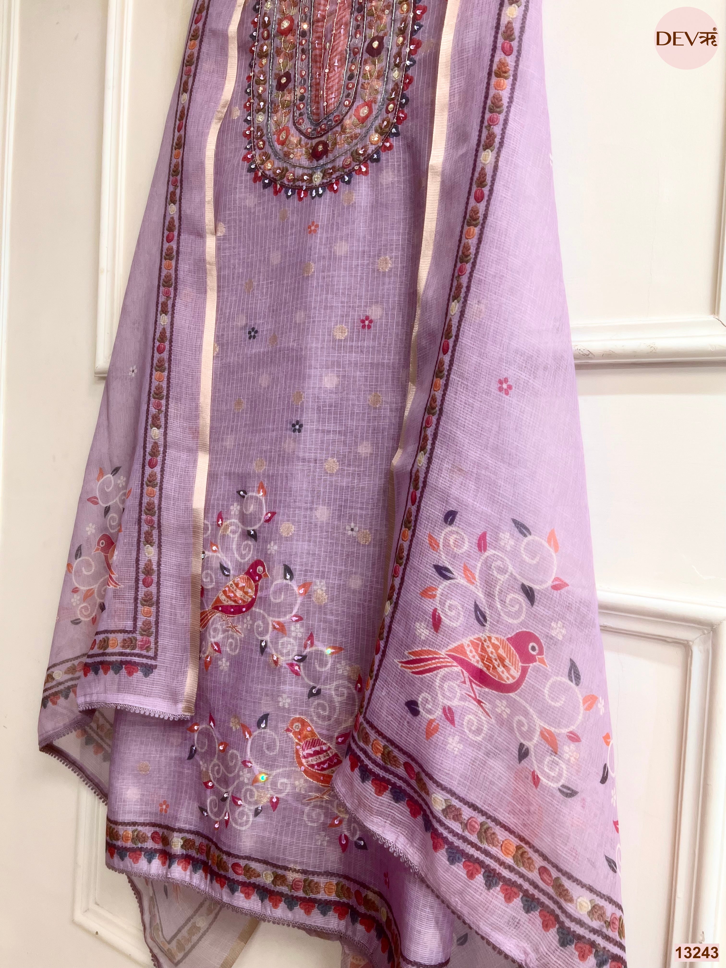 Lavender Kota Printed Unstitched 3-Piece Suit (Devri – D.No 13243)