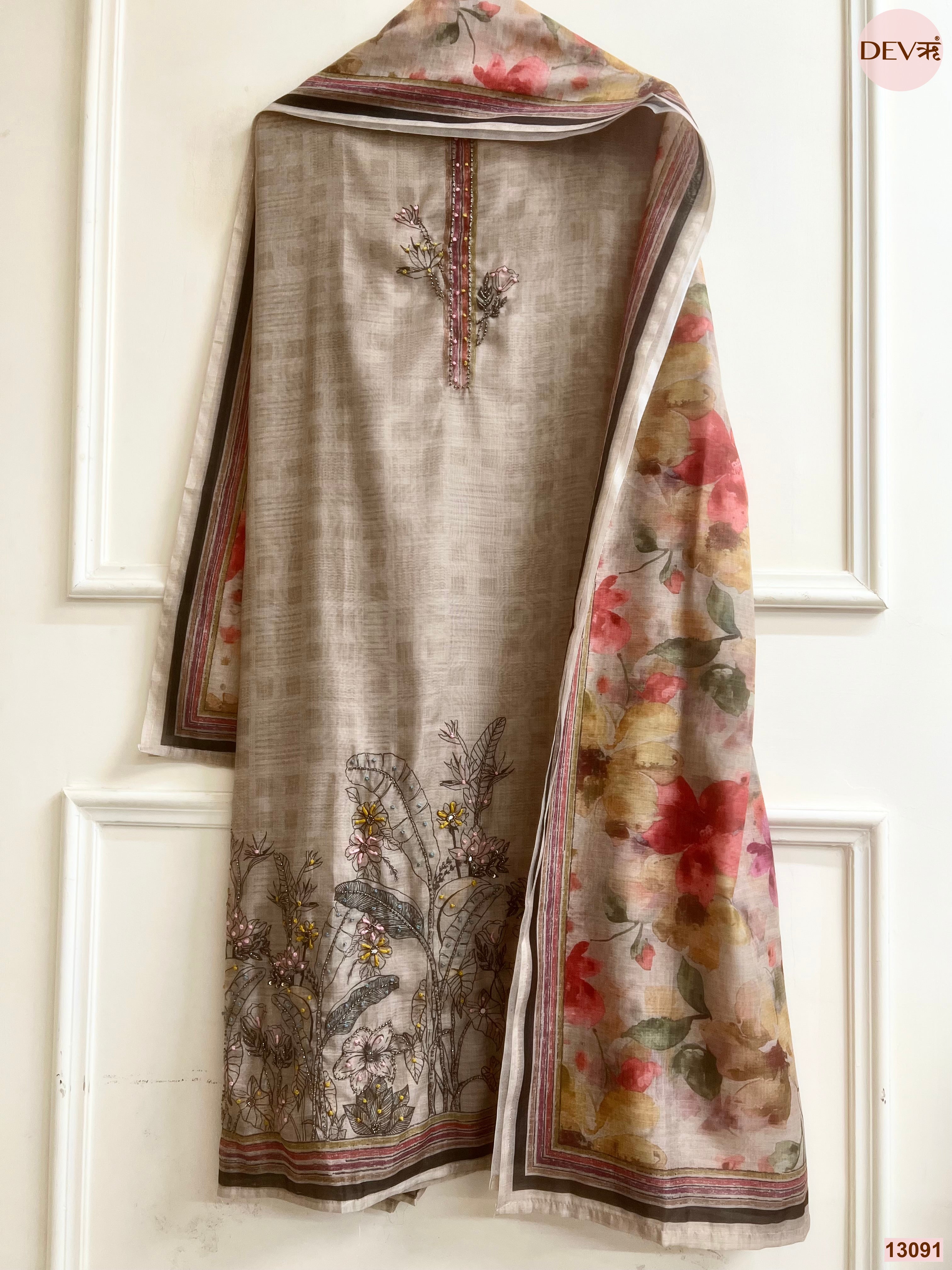 Beige Mul Chanderi Printed Unstitched 3-Piece Suit (Devri – D.No 13091)