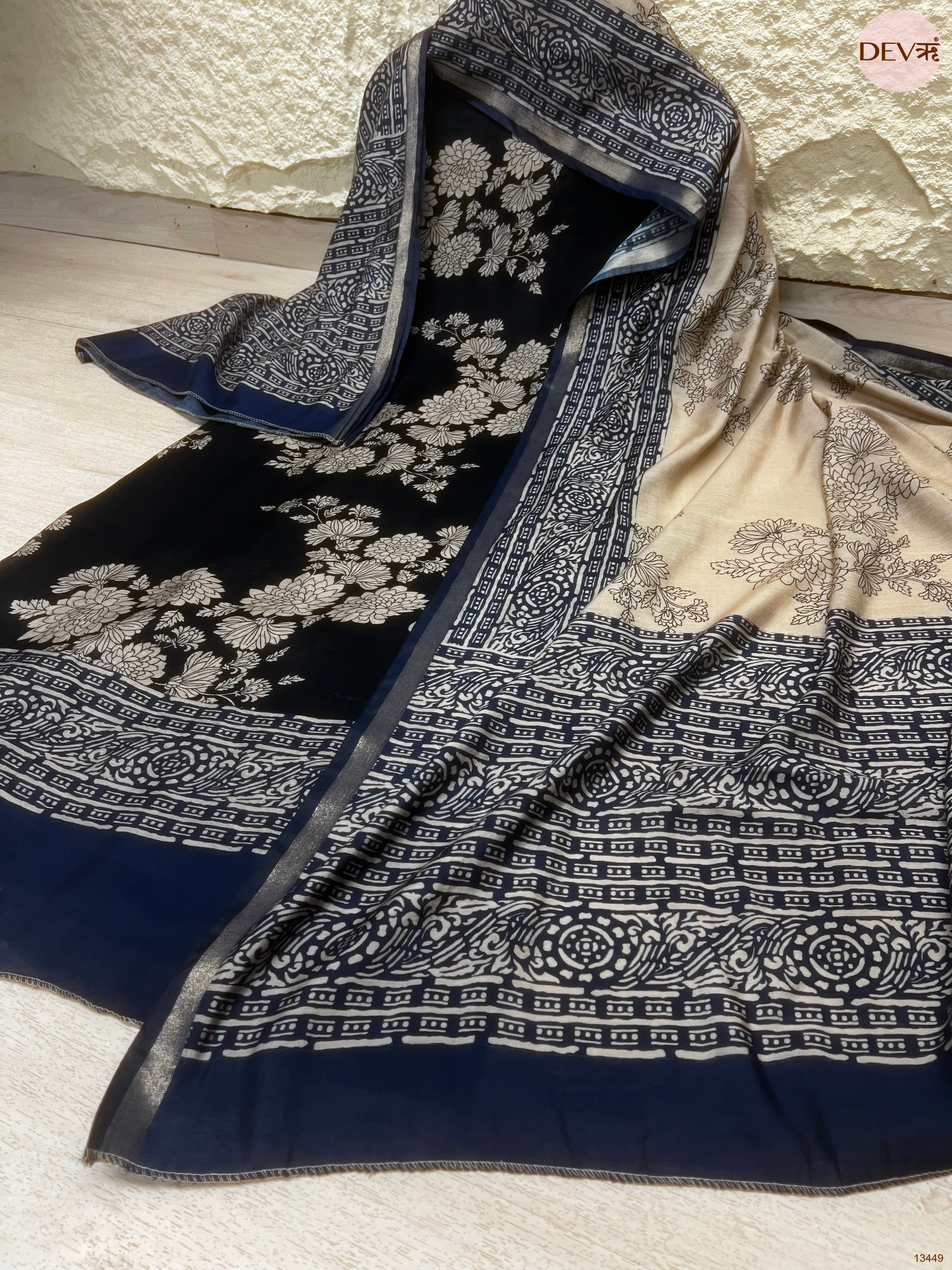 Navy Maheshwari Silk Printed Unstitched 3-Piece Suit (Devri – D.No 13449)