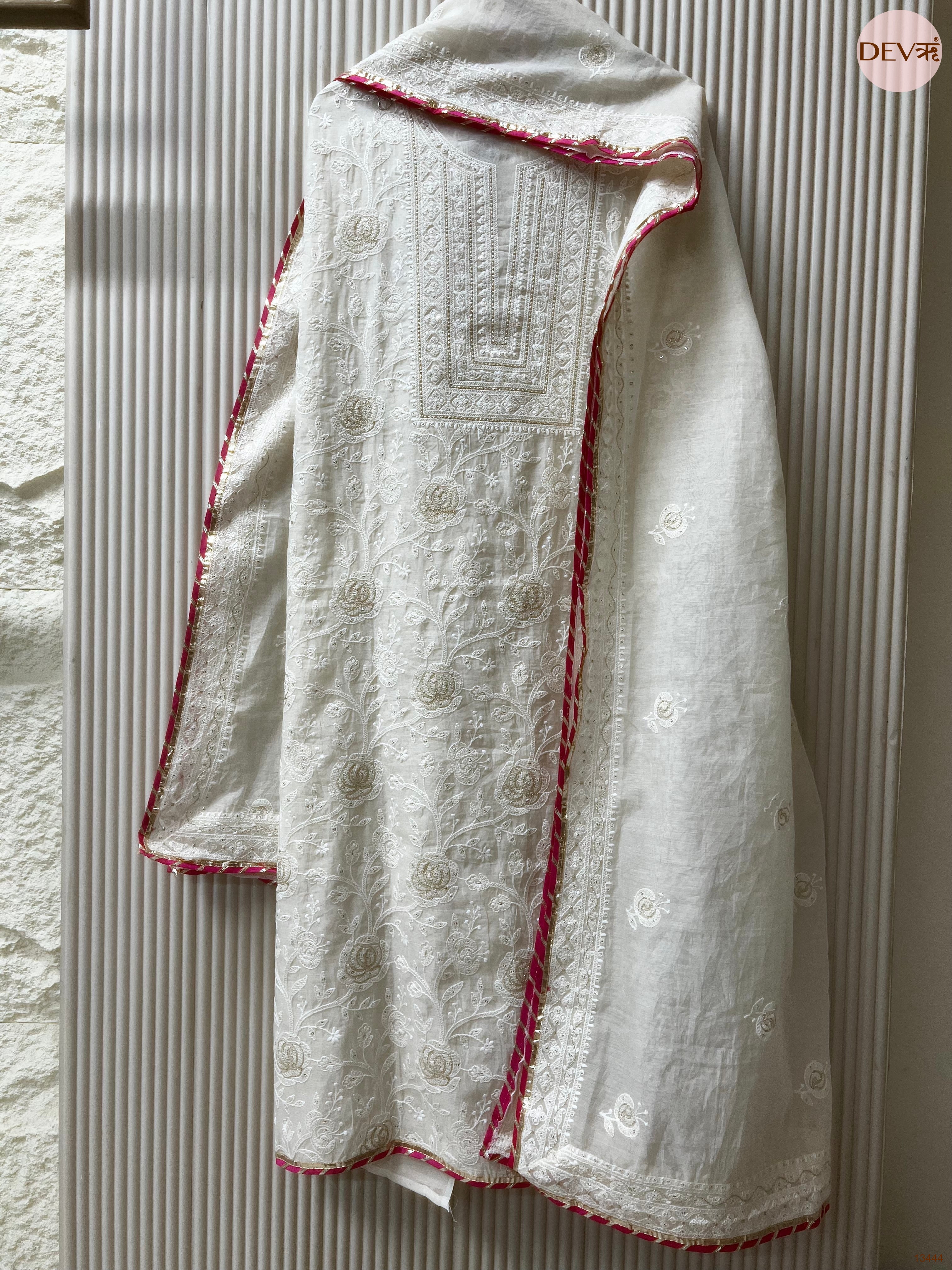 White Mul chanderi Embroidered Unstitched 3-Piece Suit (Devri – D.No 13444)