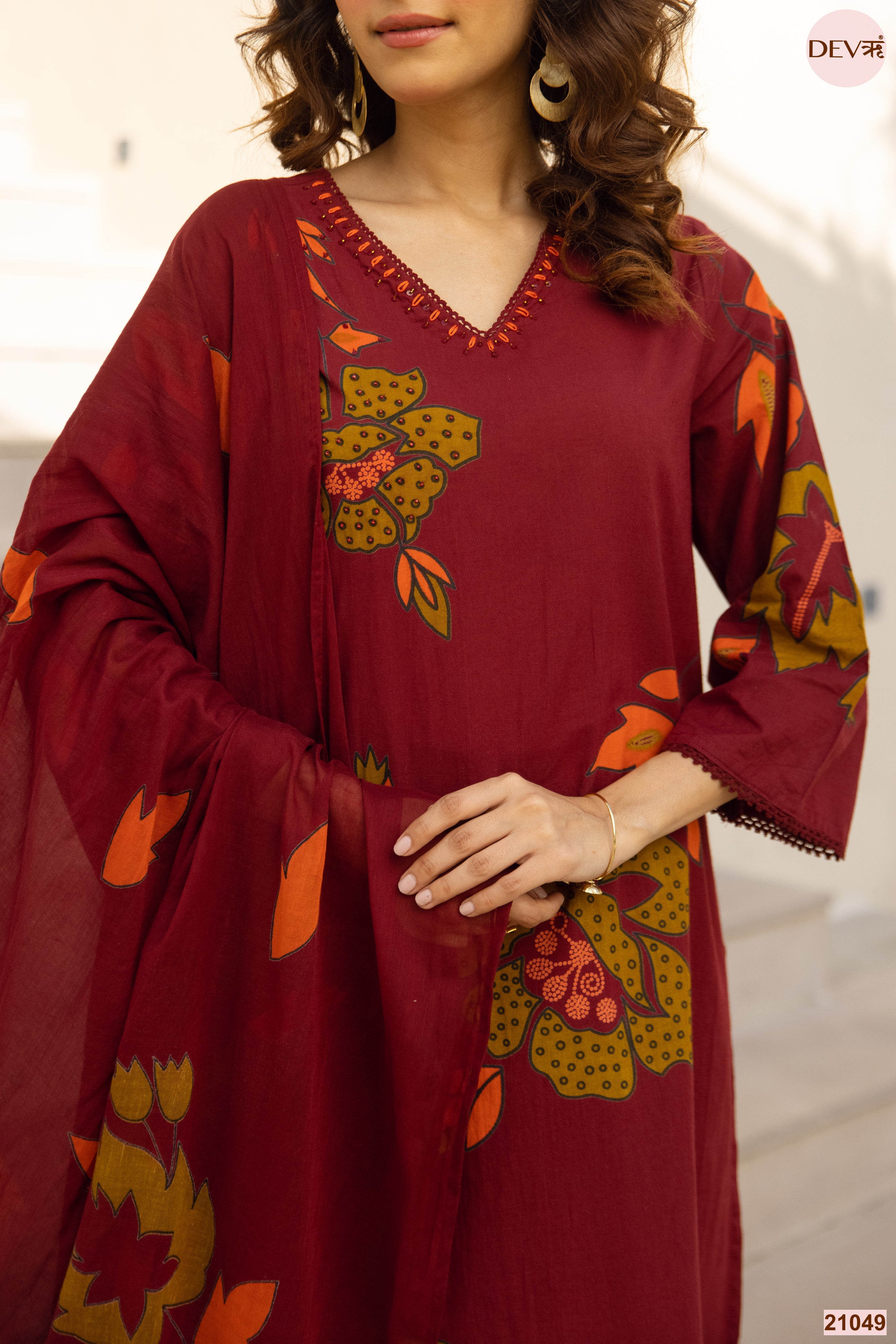 Gulnaar Cotton Slub Printed Maroon 3-Piece Set (Devri – D.No 21049)